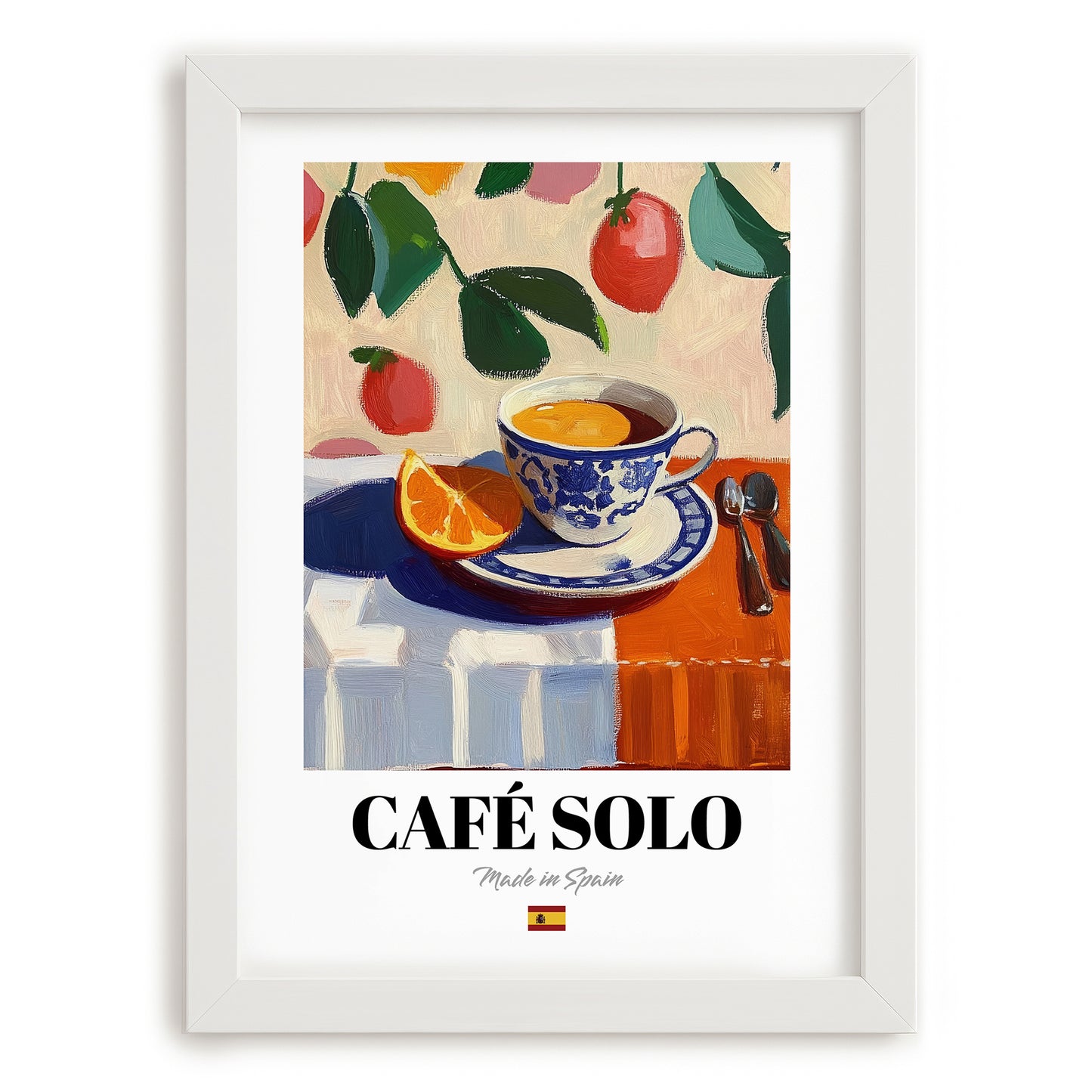 Café Solo – Spanish Coffee, Café Wall Decor, placed in minimal white frame