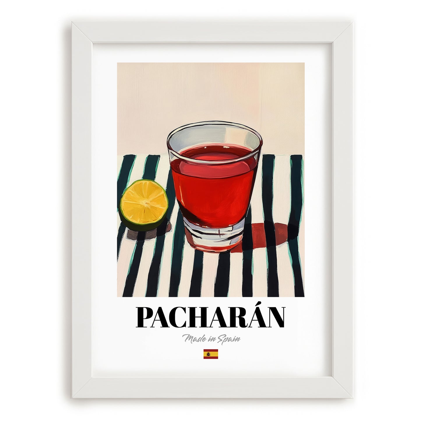 Pacharán – Spanish Liqueur Drink, Beach Bar Poster, placed in minimal white frame