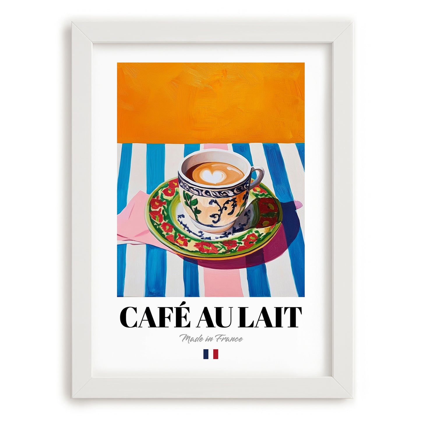 Café au Lait – French Coffee, Café Wall Art, placed in minimal white frame