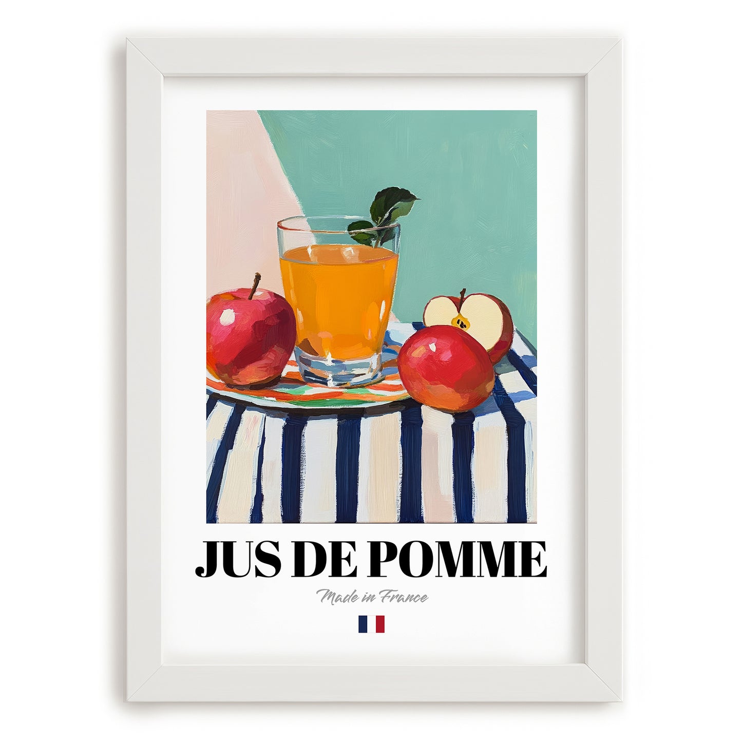 Jus de Pomme – French Beverage Drink, Cocktail Lounge Poster, placed in minimal white frame