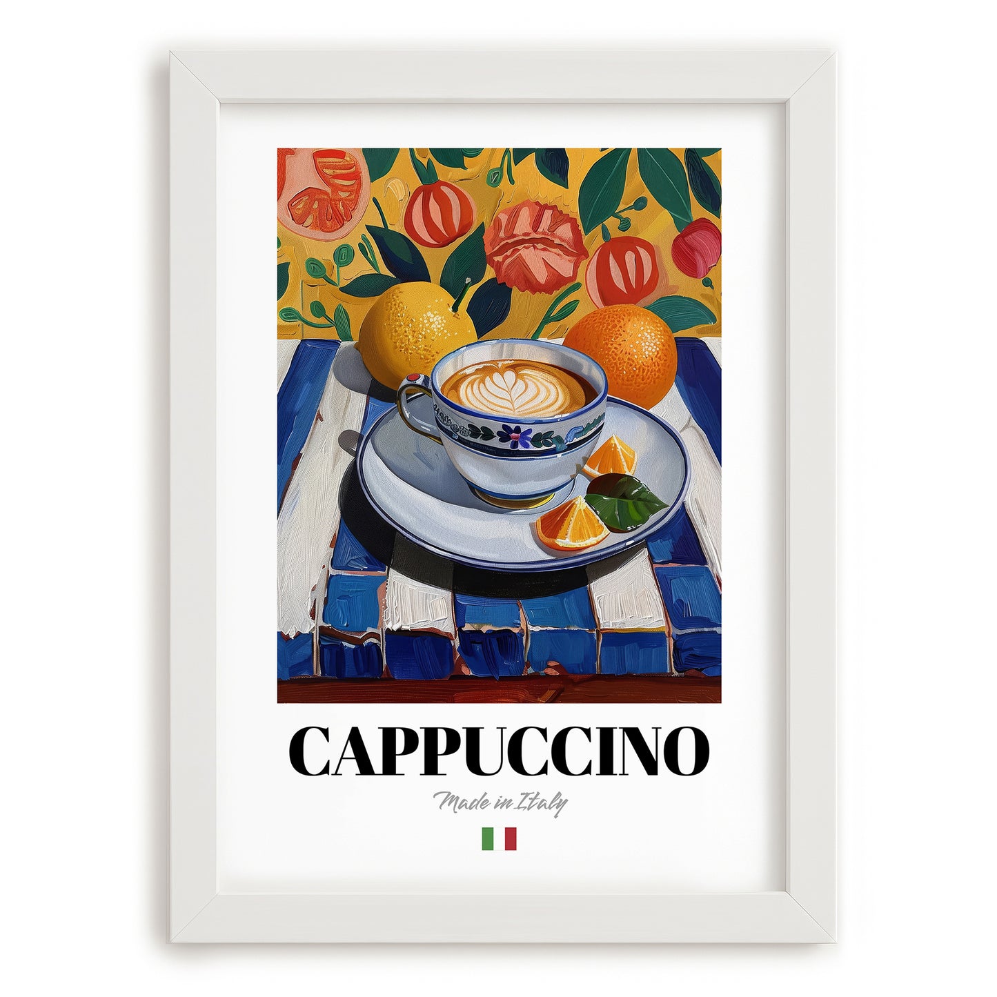 Cappuccino – Italian Coffee, Café Print, placed in minimal white frame