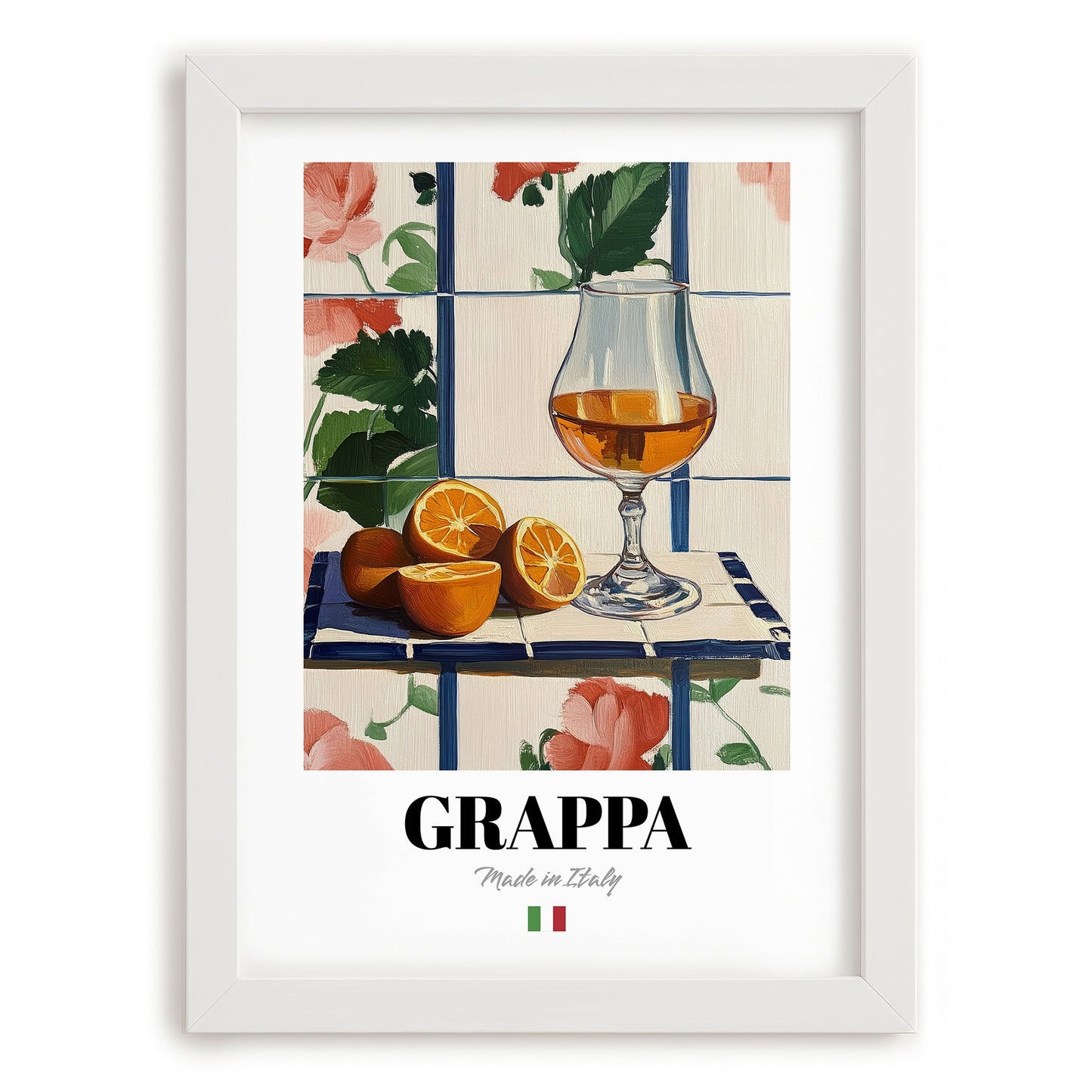 Grappa – Italian Spirit Drink, Hotel Lobby Wall Decor, placed in minimal white frame