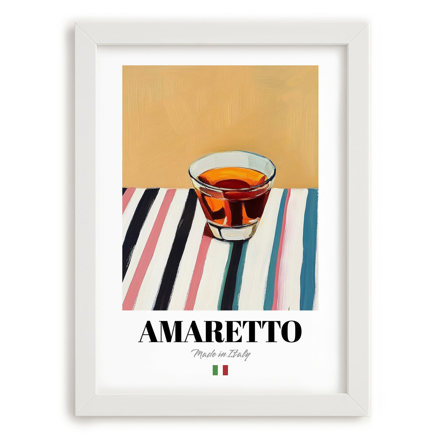 Amaretto – Italian Liqueur Drink, Cocktail Lounge Wall Art, placed in minimal white frame