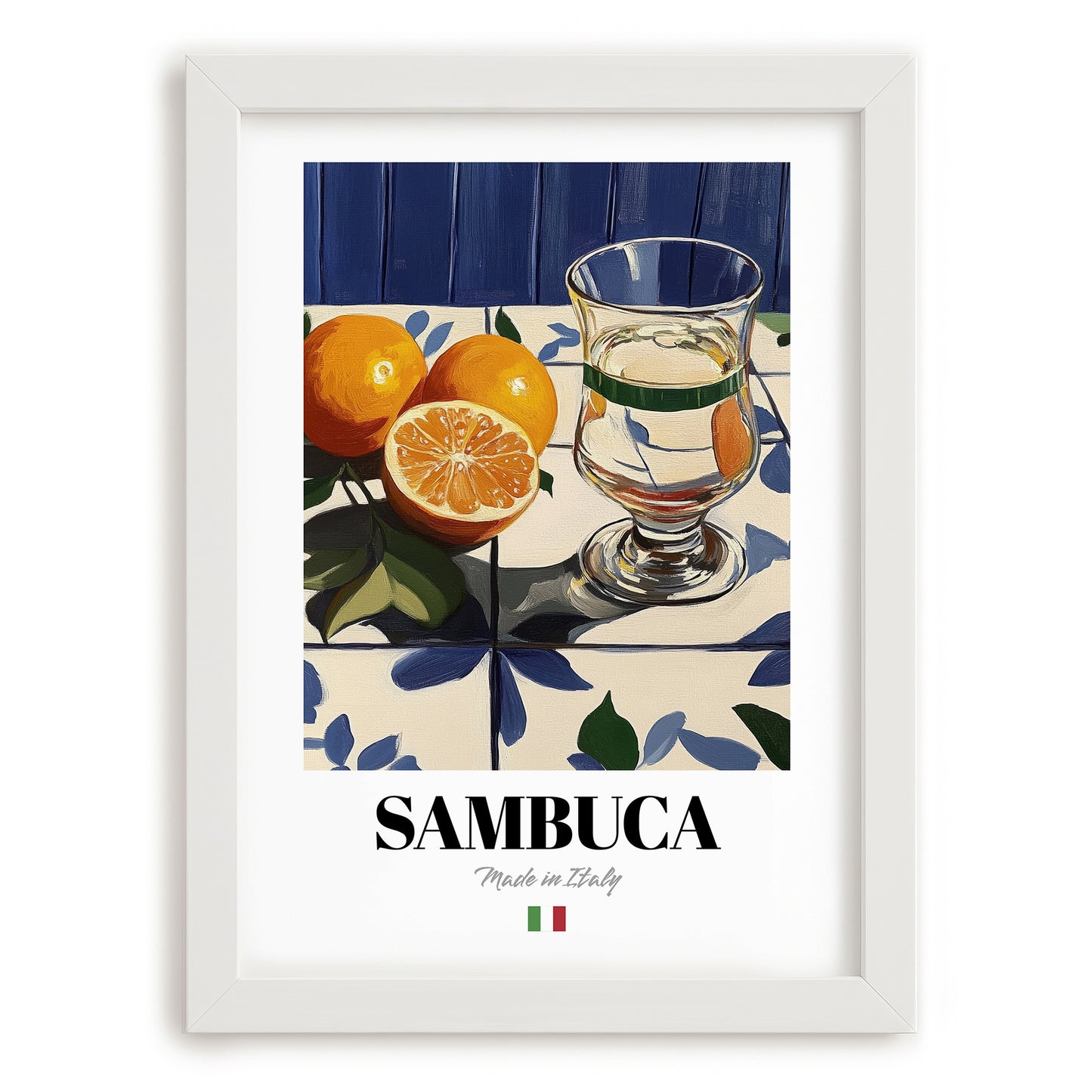 Sambuca – Italian Liqueur Drink, Beach Bar Poster, placed in minimal white frame