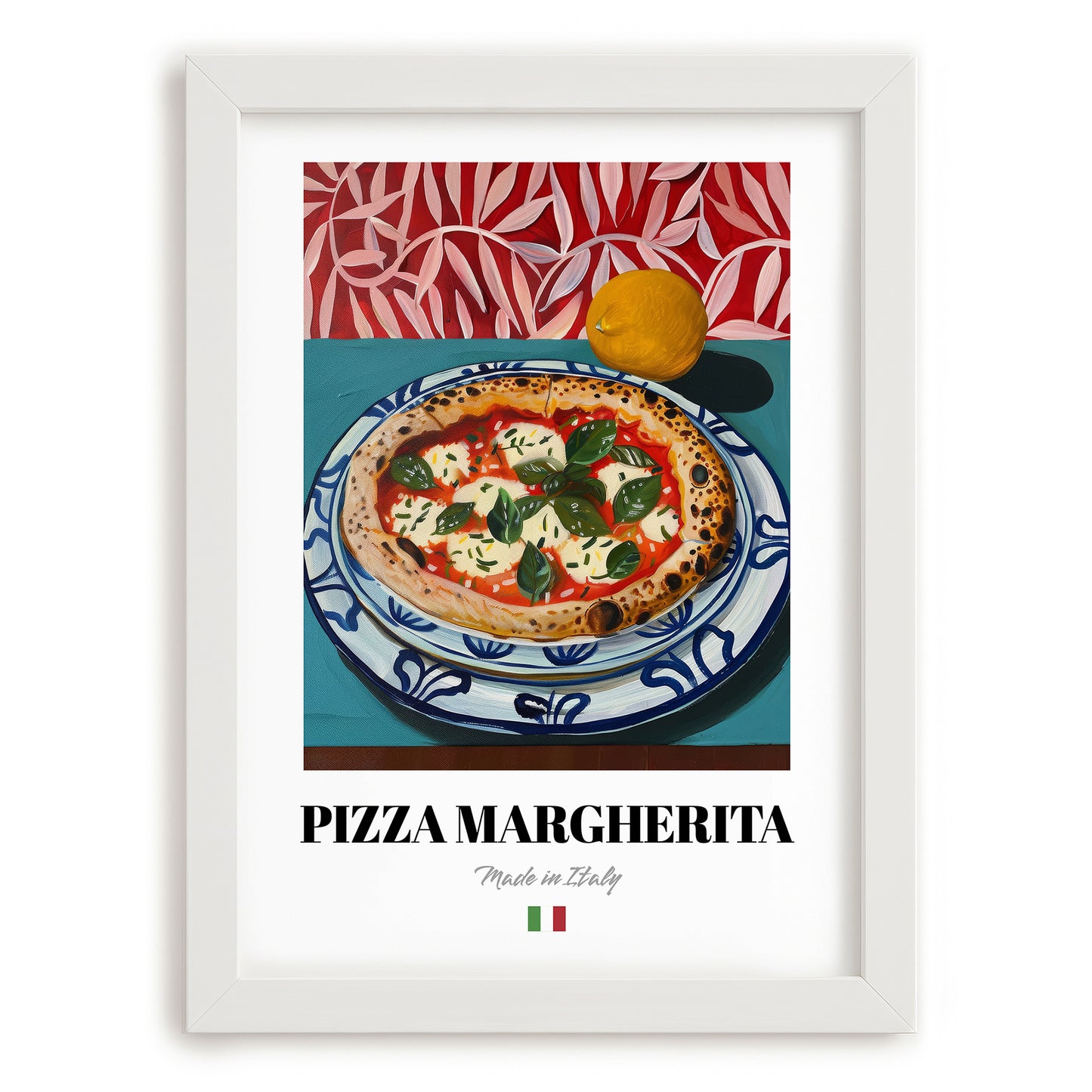 Pizza Margherita – Italian Pizza, Trattoria Poster, placed in minimal white frame