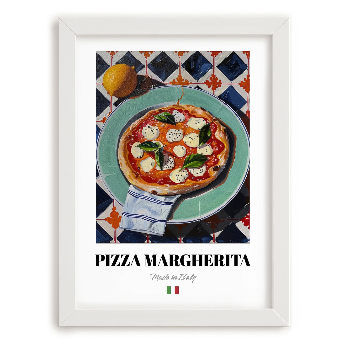 Pizza Margherita – Italian Pizza, Restaurant Painting, placed in minimal white frame