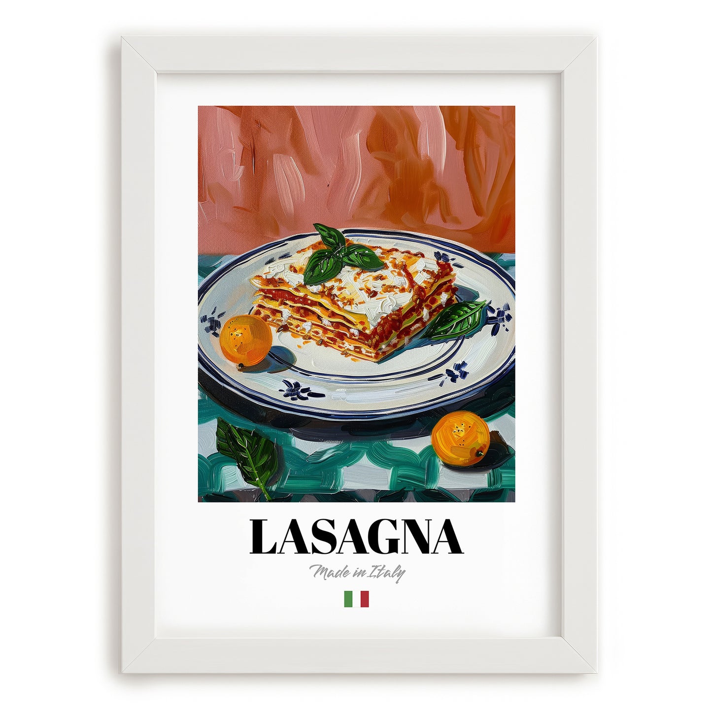Lasagna – Italian Pasta, Trattoria Still Life, placed in minimal white frame