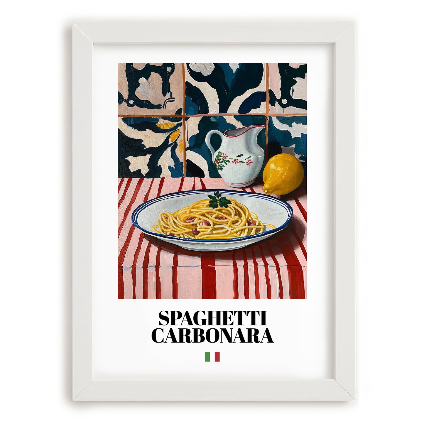 Spaghetti Carbonara – Italian Pasta, Osteria Poster, placed in minimal white frame