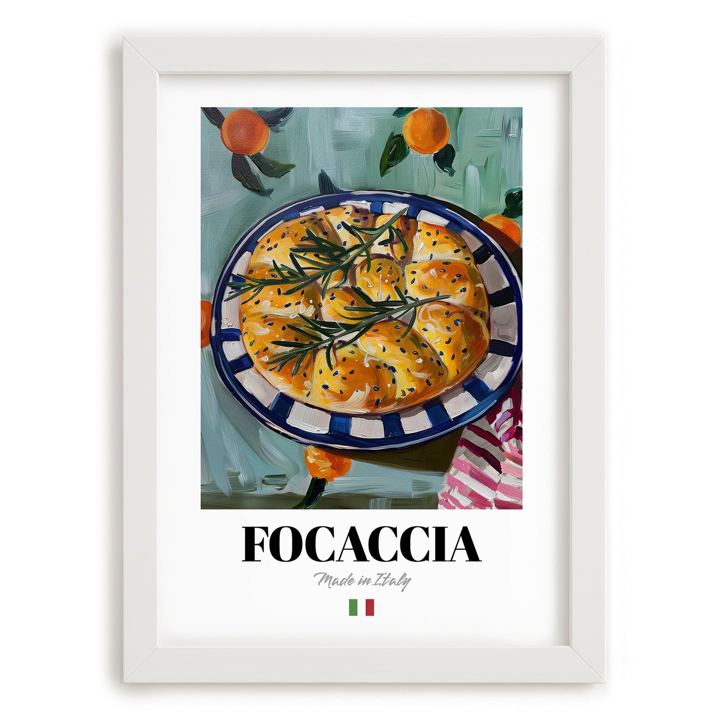 Focaccia – Italian Bread Dish, Café Poster, placed in minimal white frame