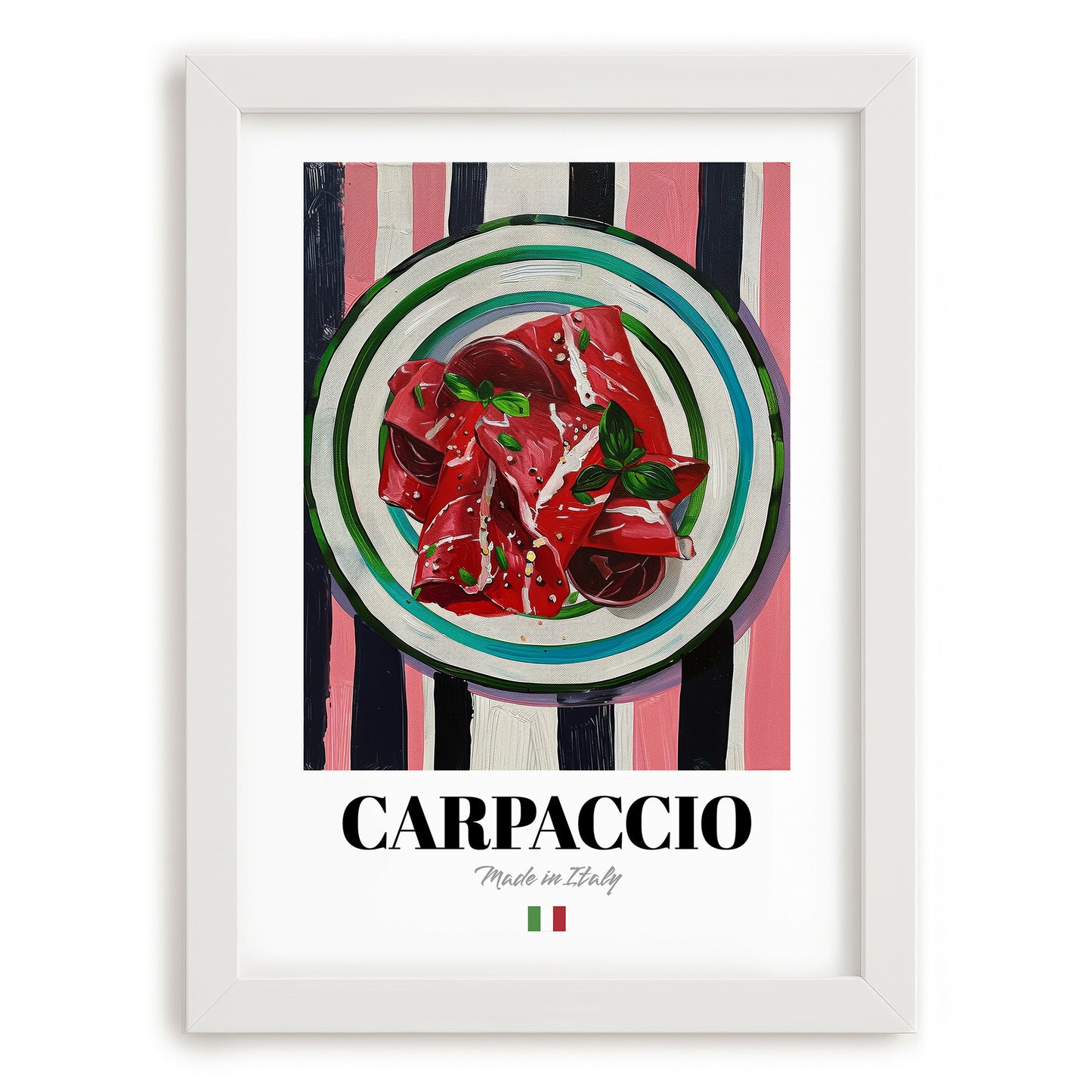 Carpaccio – Italian Meat Dish, Bistro Wall Art, placed in minimal white frame