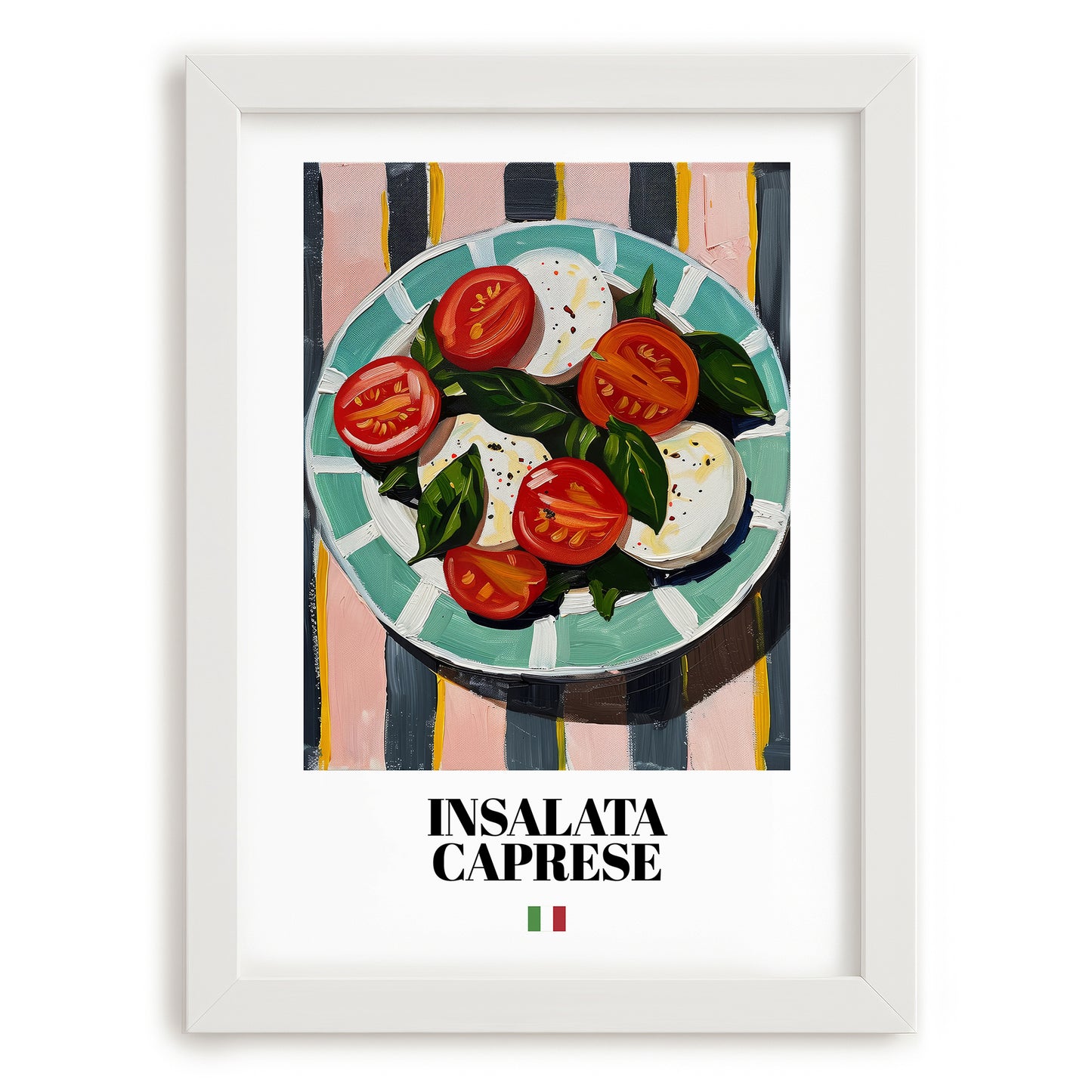 Insalata Caprese – Italian Salad Dish, Farmhouse Kitchen Poster, placed in minimal white frame