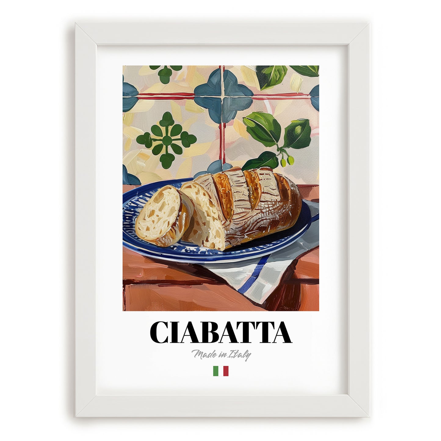 Ciabatta – Italian Bread Dish, Fine Dining Restaurant Wall Art, placed in minimal white frame