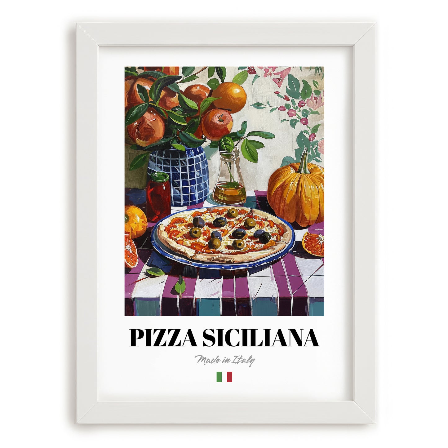 Pizza Siciliana – Italian Pizza, Ristorante Print, placed in minimal white frame