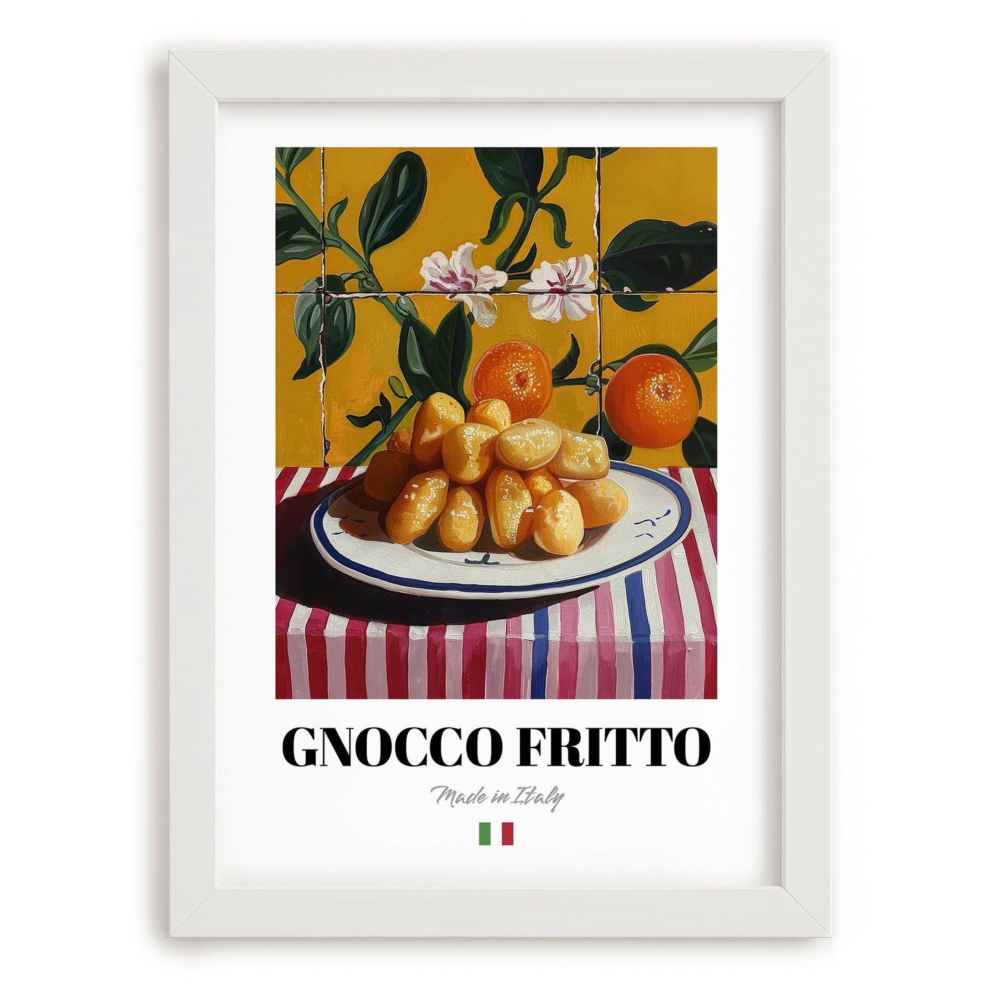 Gnocco fritto – Italian Snack Dish, Fine Dining Restaurant Print, placed in minimal white frame