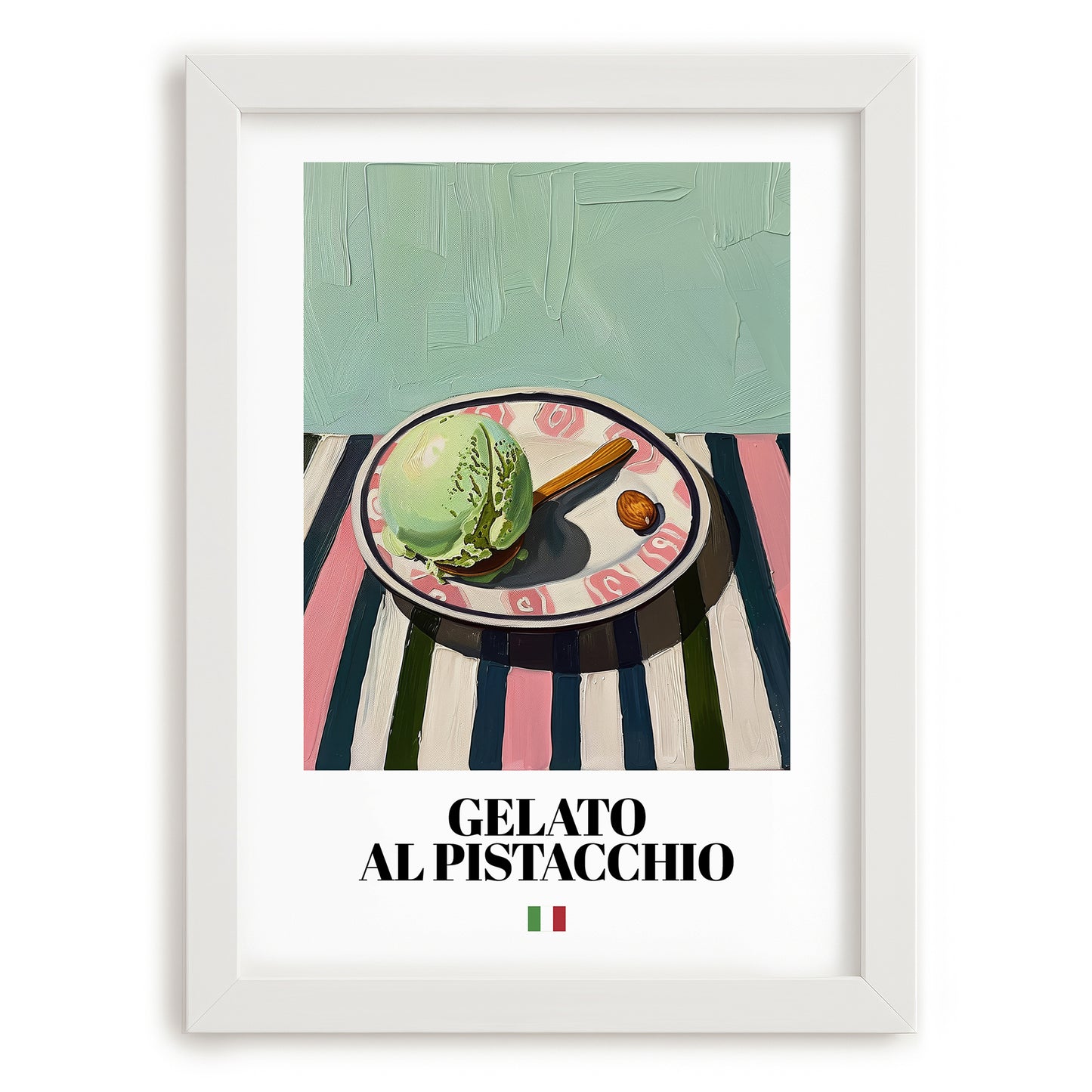 Gelato al pistacchio – Italian Gelato, Artisan Ice Cream Shop Art, placed in minimal white frame