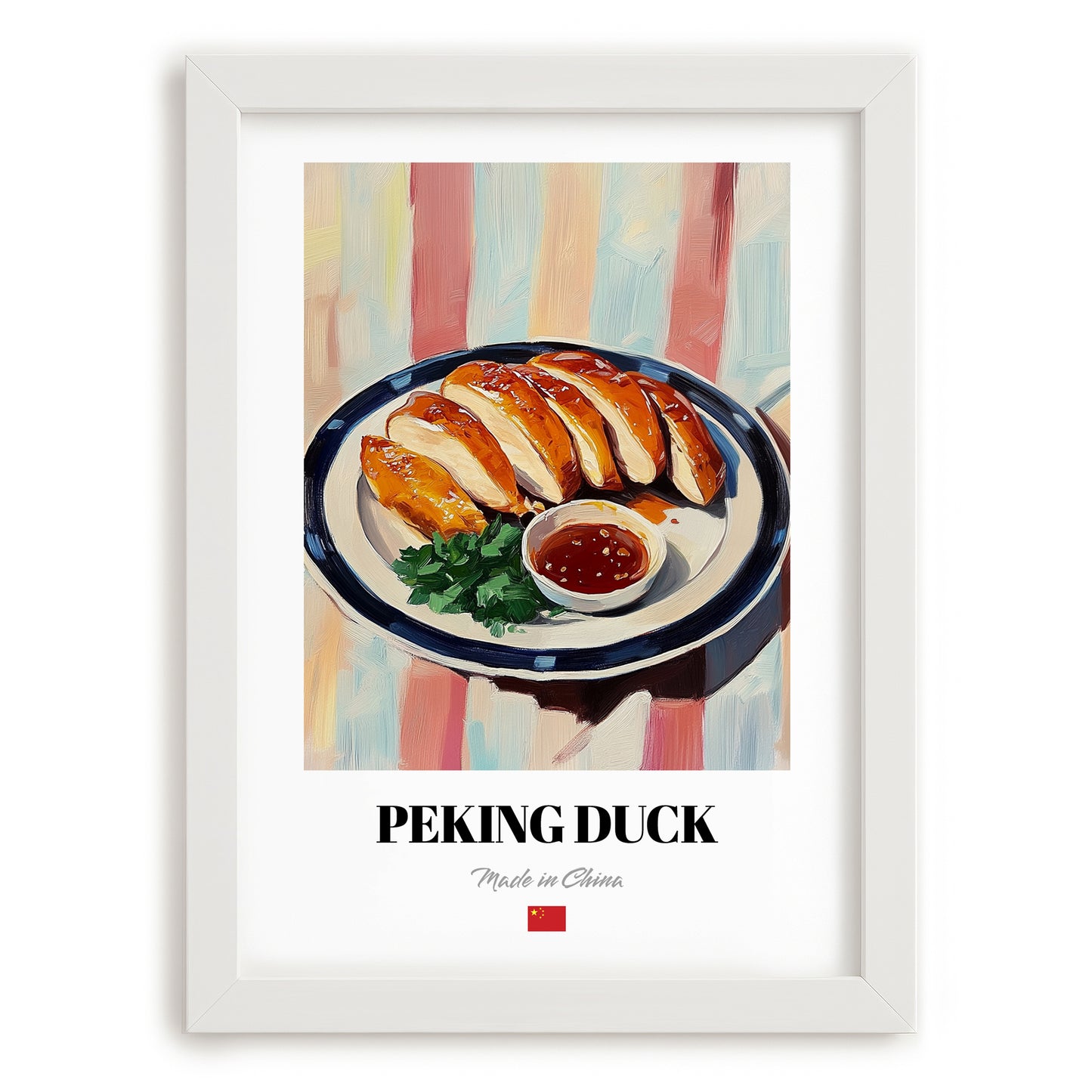Peking Duck – on Striped Tablecloth, Chinese Food Poster, placed in minimal white frame