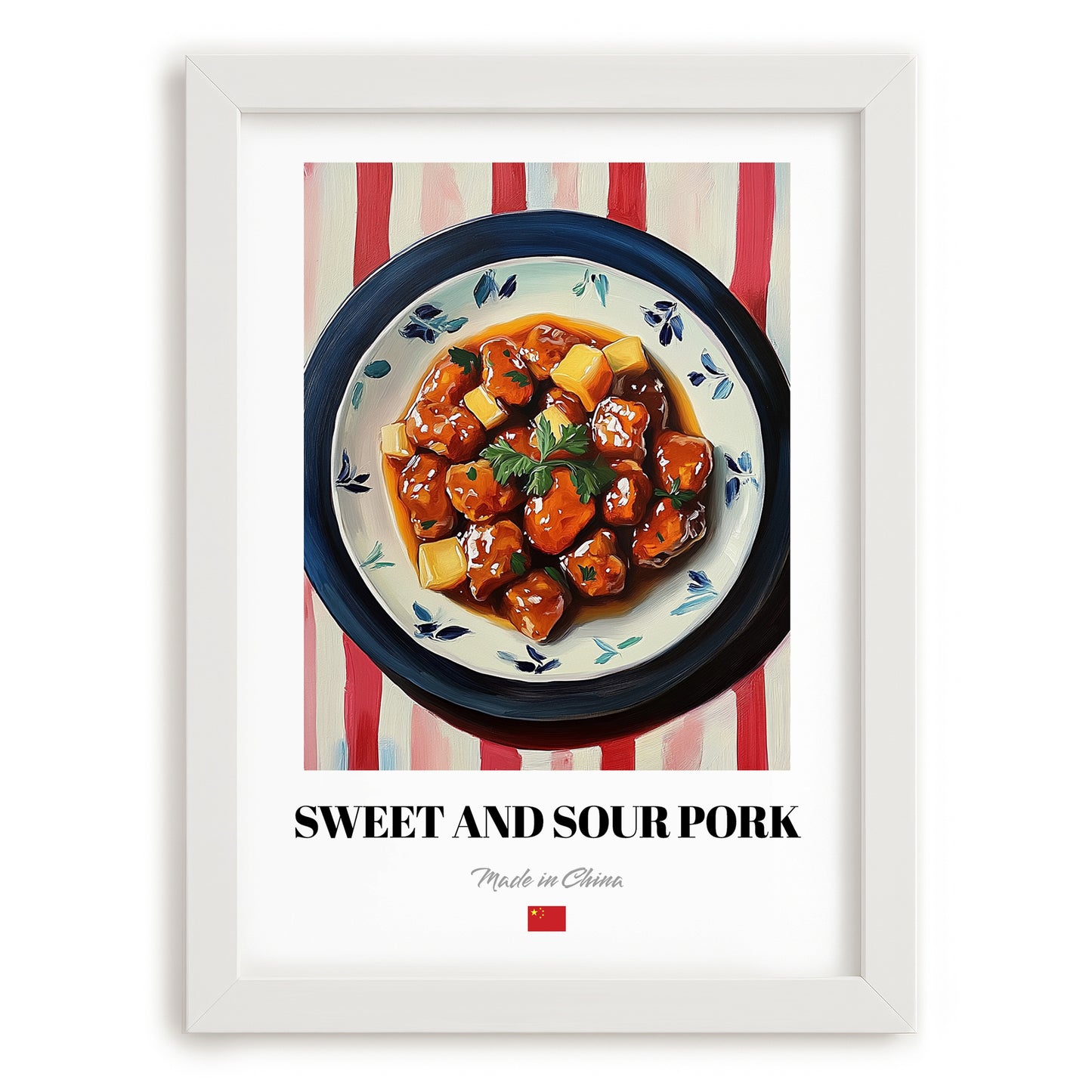 Sweet and Sour Pork – on Striped Tablecloth, Chinese Food Print, placed in minimal white frame