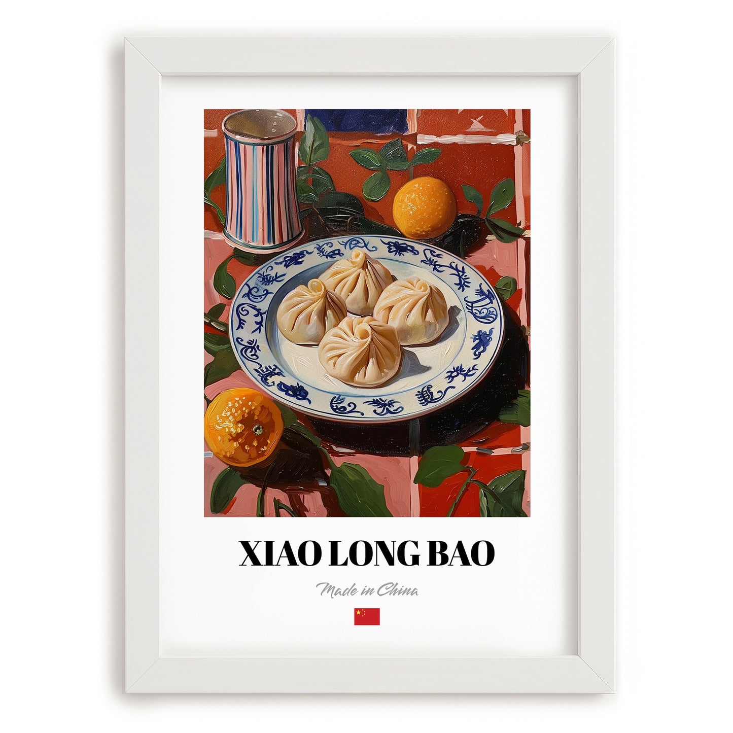 Xiao Long Bao – Colorful Oil Painting, Chinese Food Wall Decor, placed in minimal white frame