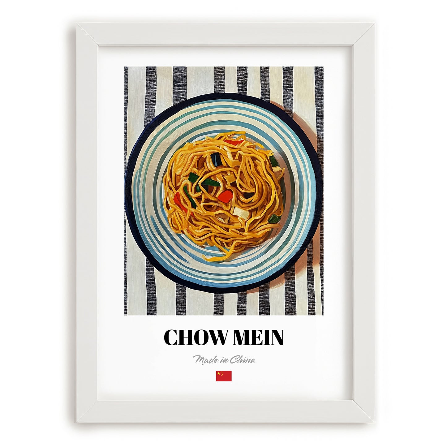 Chow Mein – on Striped Tablecloth, Chinese Food Still Life, placed in minimal white frame