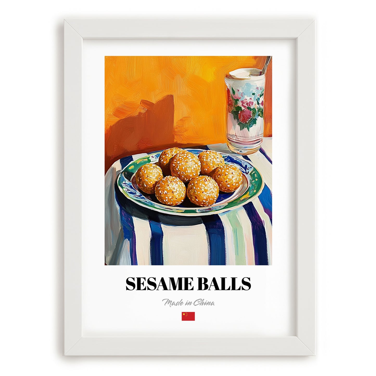 Sesame Balls (Jiān Dùi) – Oil Painting, Chinese Dessert Illustration, placed in minimal white frame