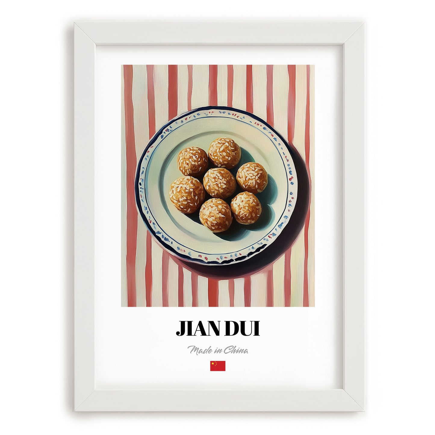 Jiān Dùi (Sesame Balls) – on Striped Tablecloth, Chinese Dessert Wall Decor, placed in minimal white frame