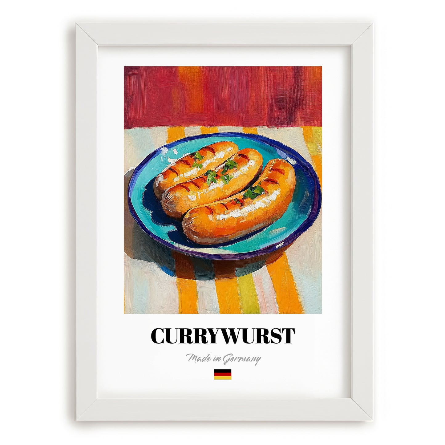 Currywurst – Art, German Food Still Life, placed in minimal white frame