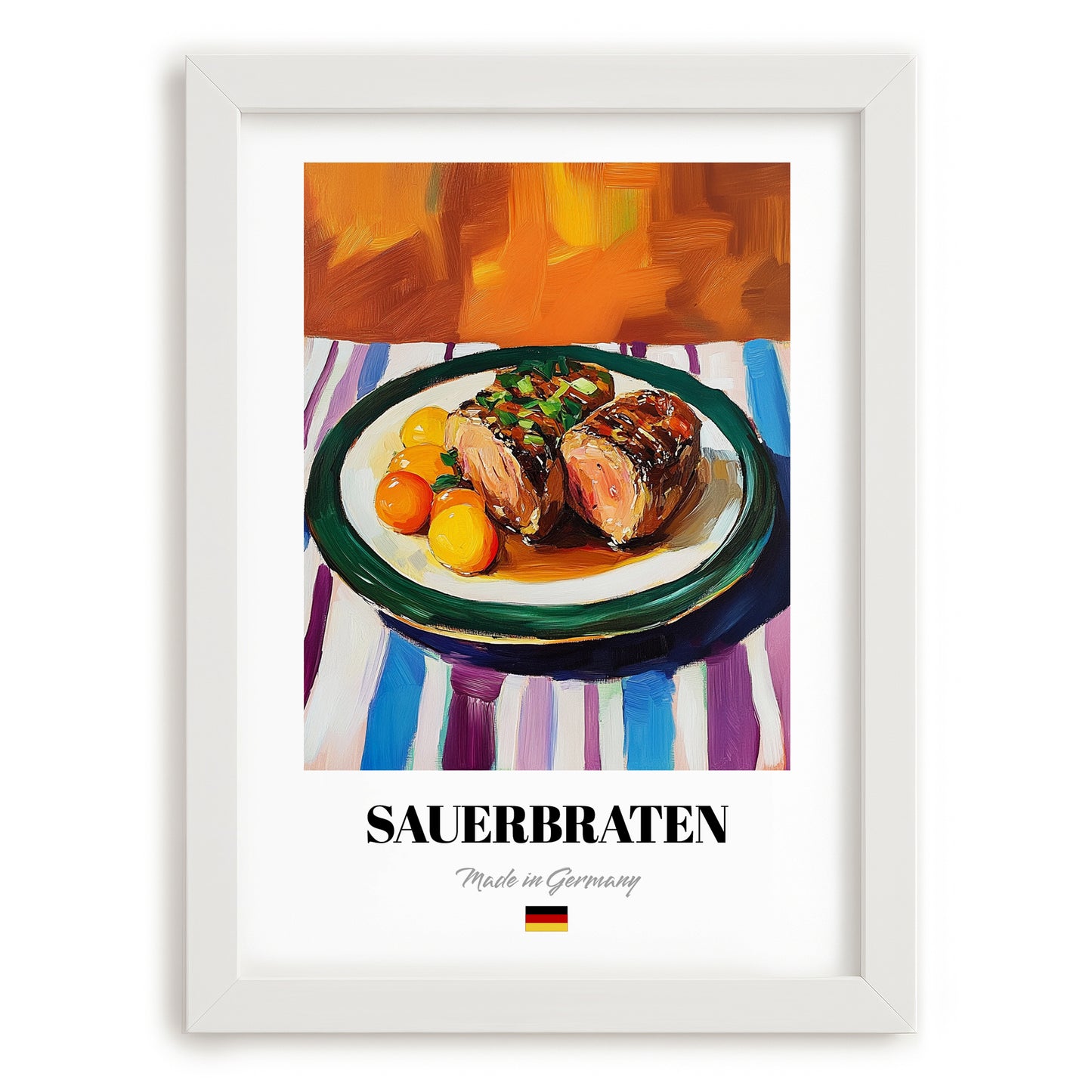 Sauerbraten – Art, German Food Painting, placed in minimal white frame