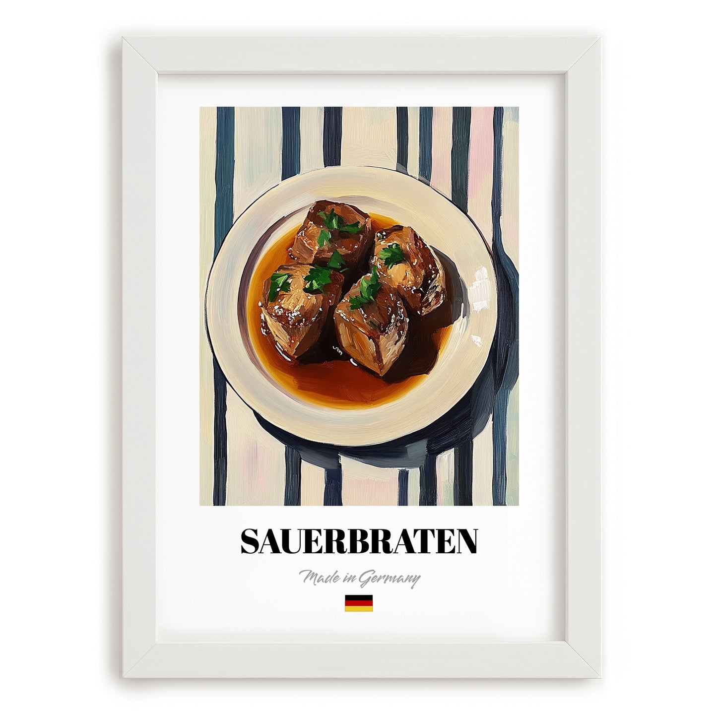 Sauerbraten – on Striped Tablecloth, German Food Art, placed in minimal white frame