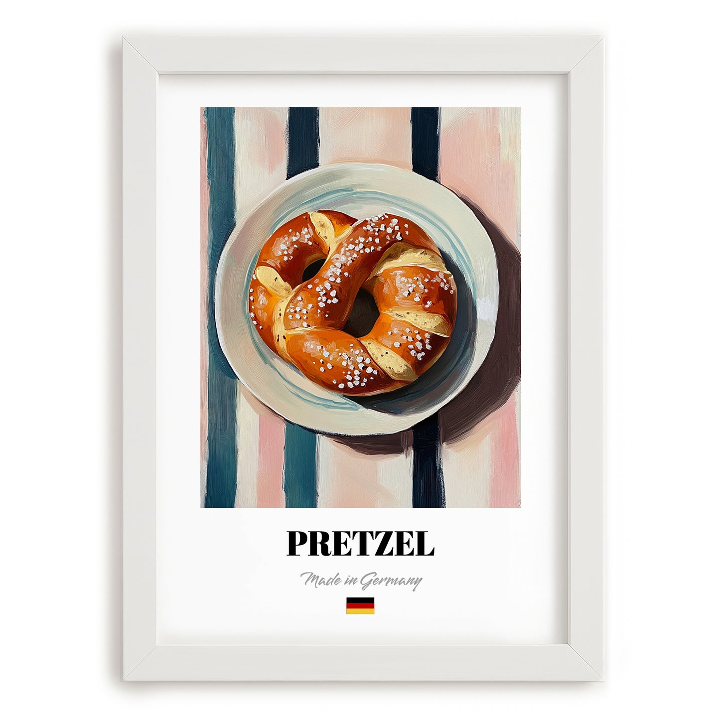 Pretzel (Brezen) – on Striped Tablecloth, German Pastry Wall Decor, placed in minimal white frame