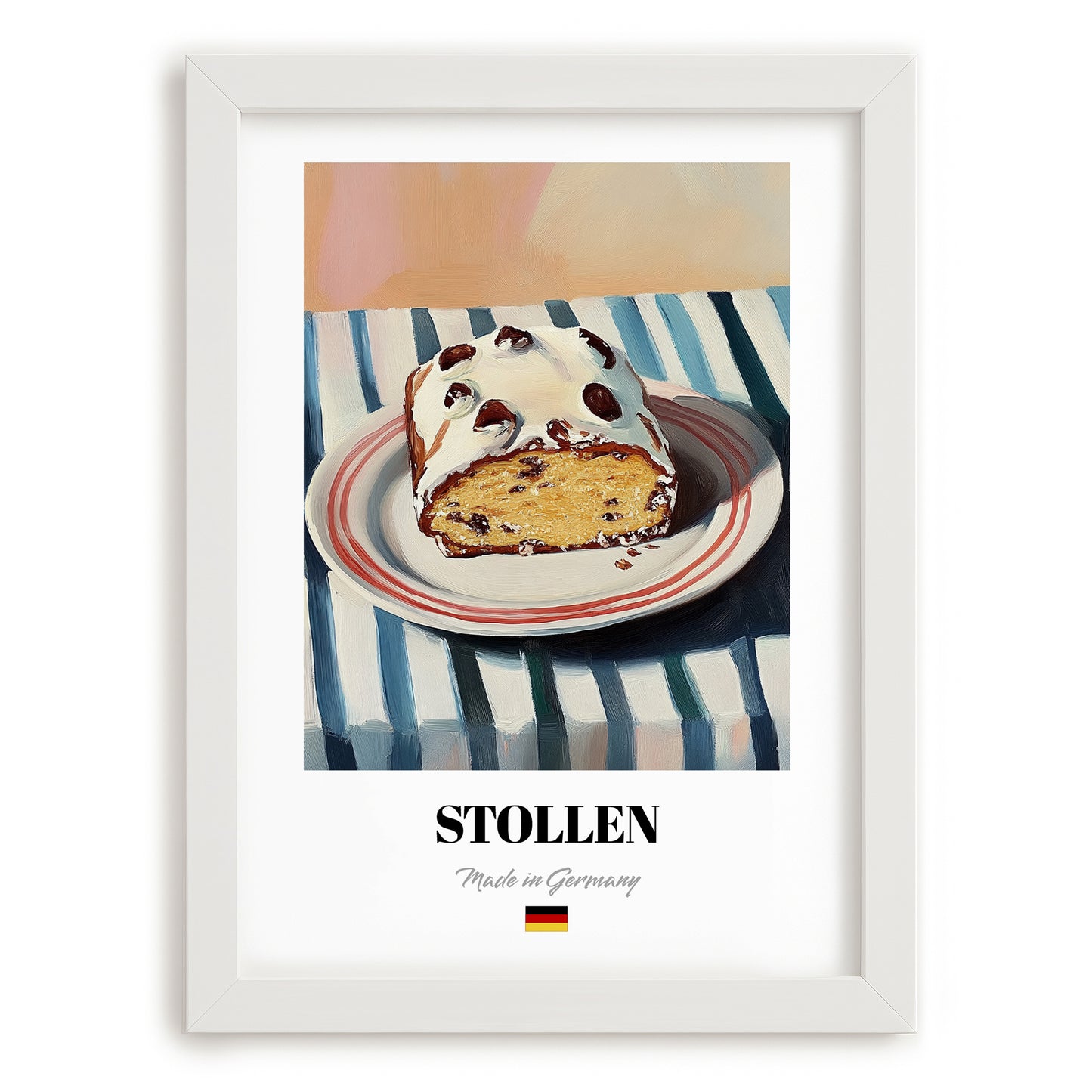 Stollen – on Striped Tablecloth, German Dessert Poster, placed in minimal white frame