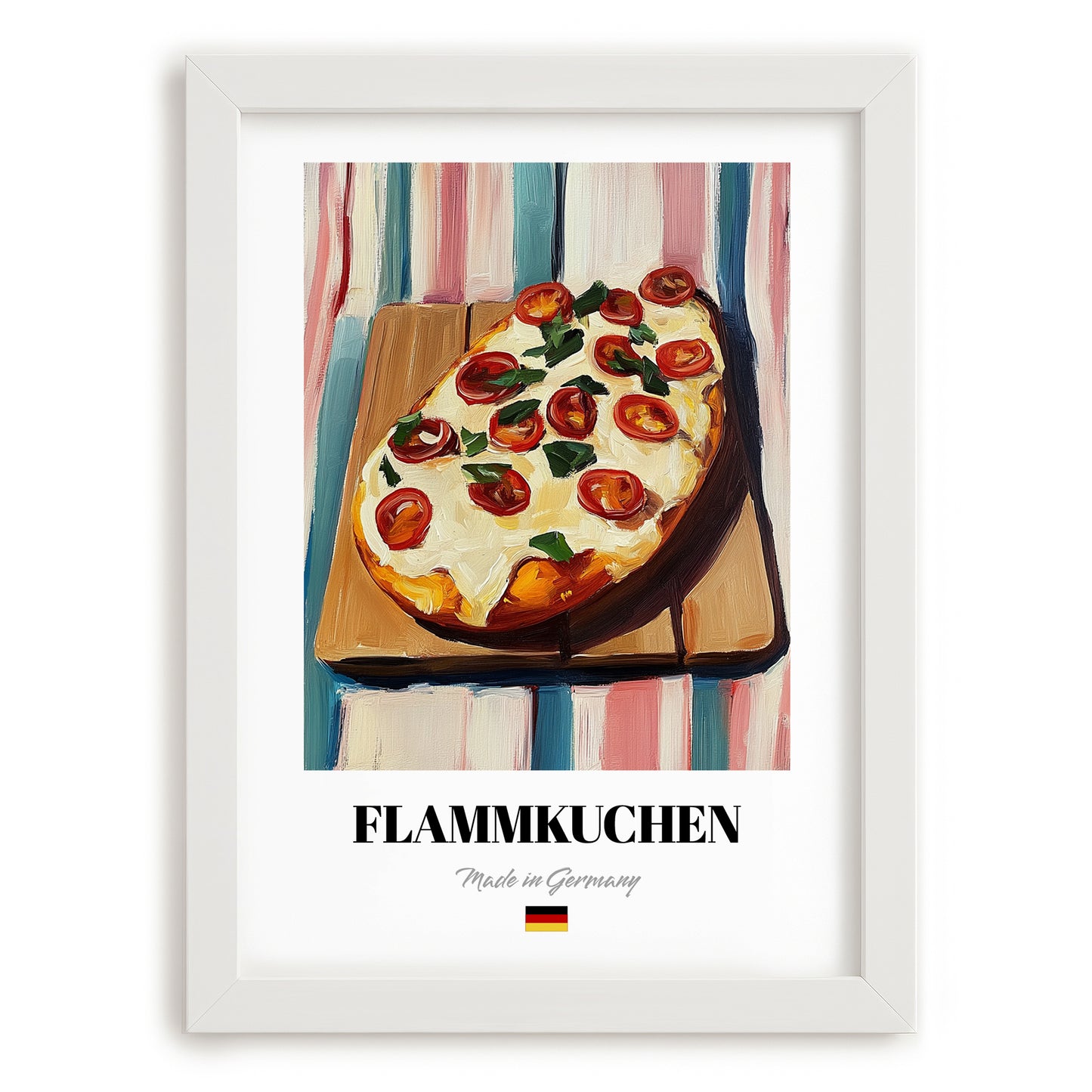 Flammkuchen – on Striped Tablecloth, German Food Painting, placed in minimal white frame