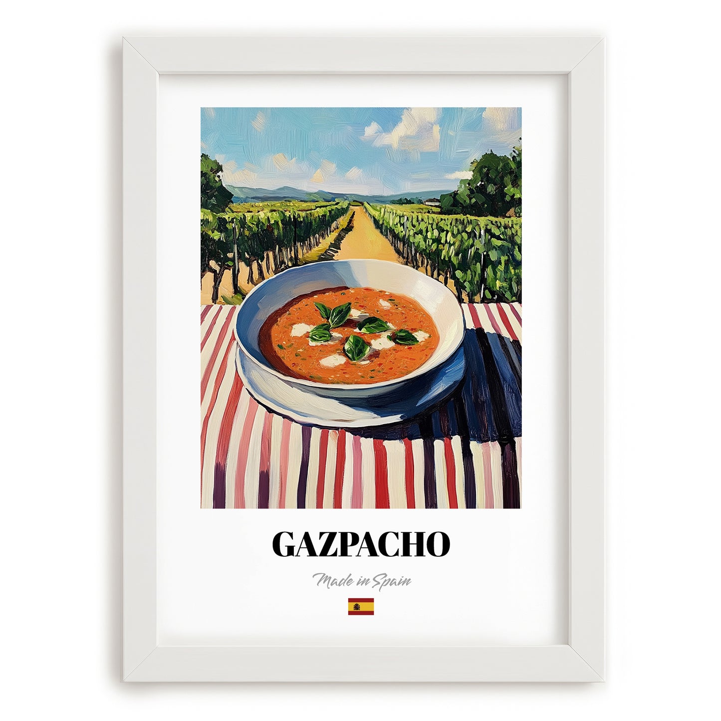 Gazpacho Hilltop Café Scene, Spanish Food Painting, placed in minimal white frame
