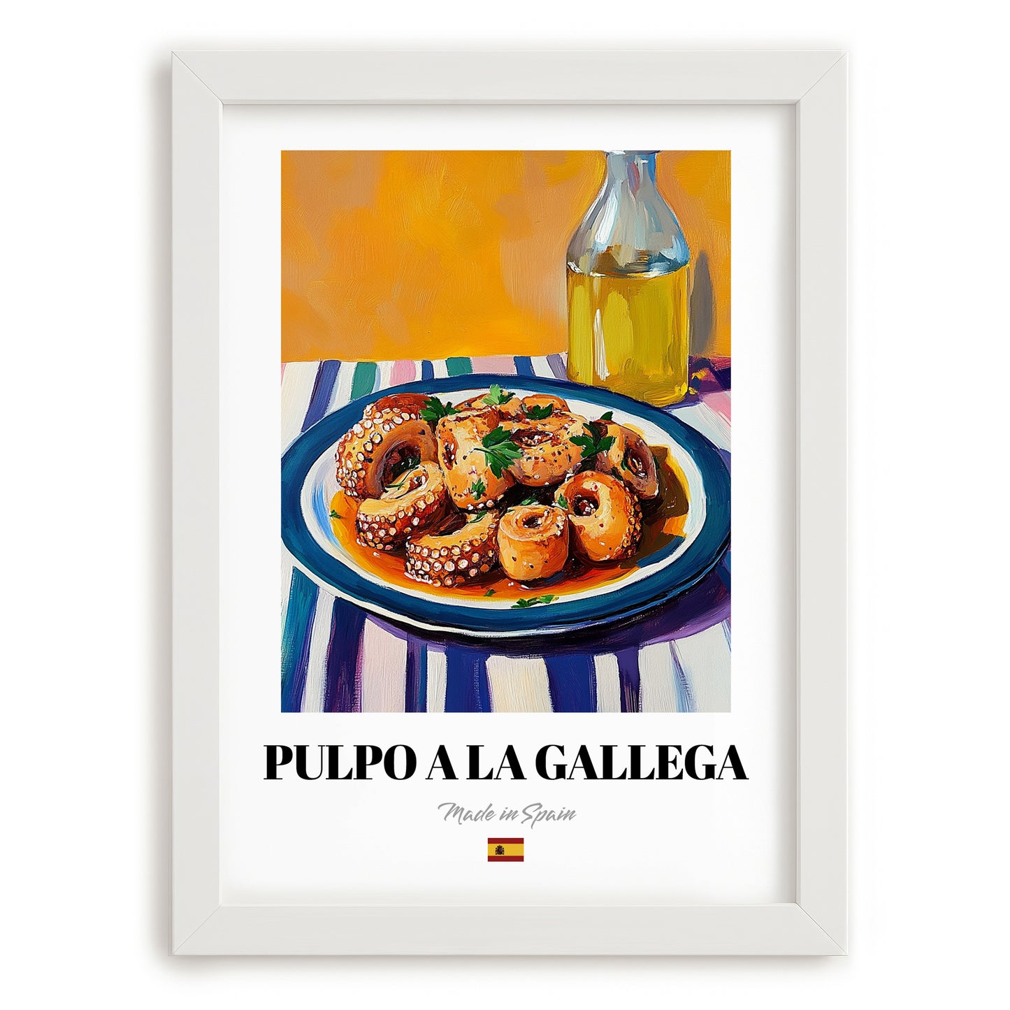 Pulpo a la Gallega – Art, Spanish Food Painting, placed in minimal white frame