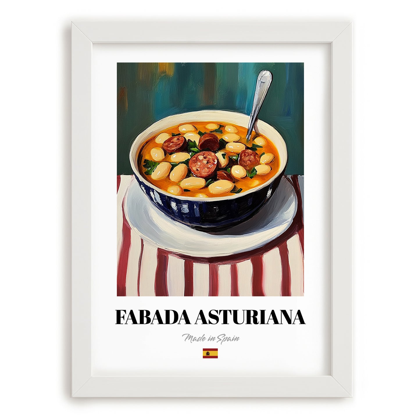Fabada Asturiana – on Striped Tablecloth, Spanish Food Wall Art, placed in minimal white frame