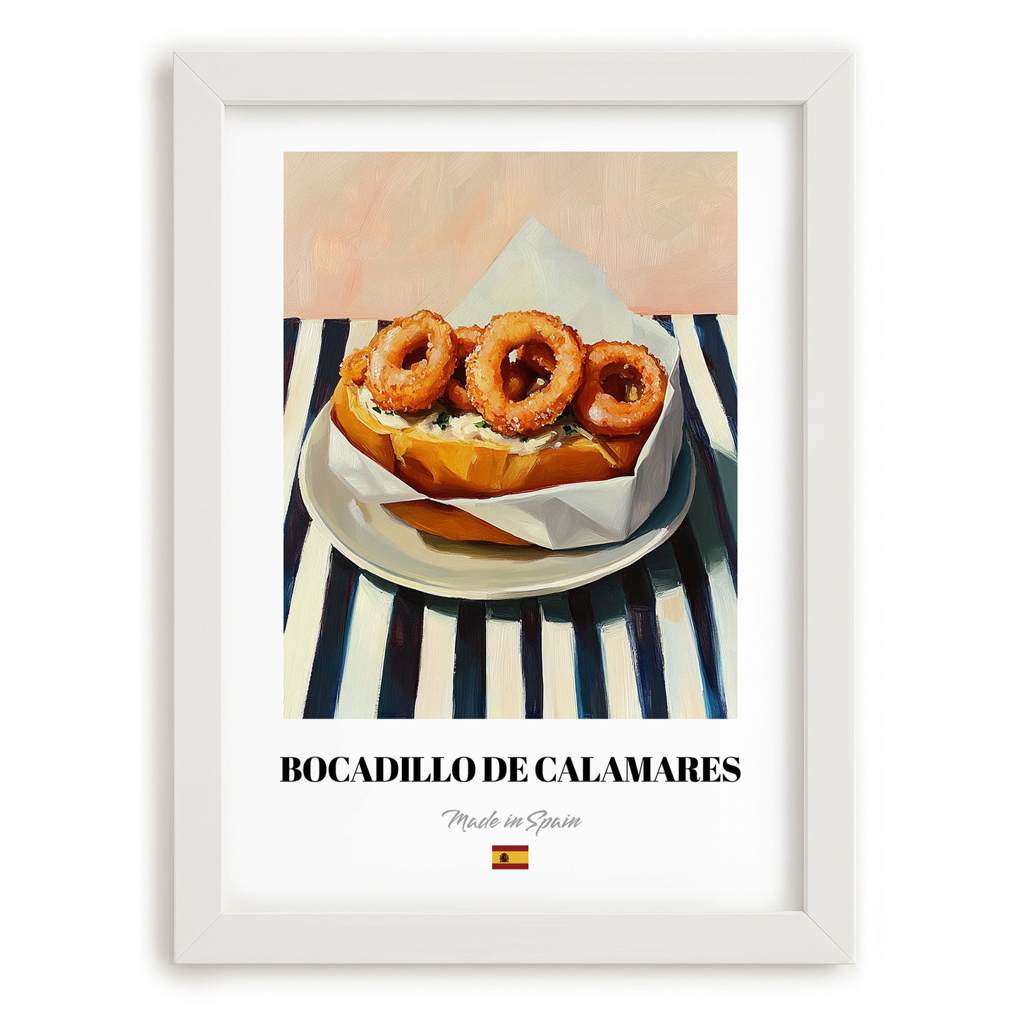 Bocadillo de Calamares – on Striped Tablecloth, Spanish Food Art, placed in minimal white frame