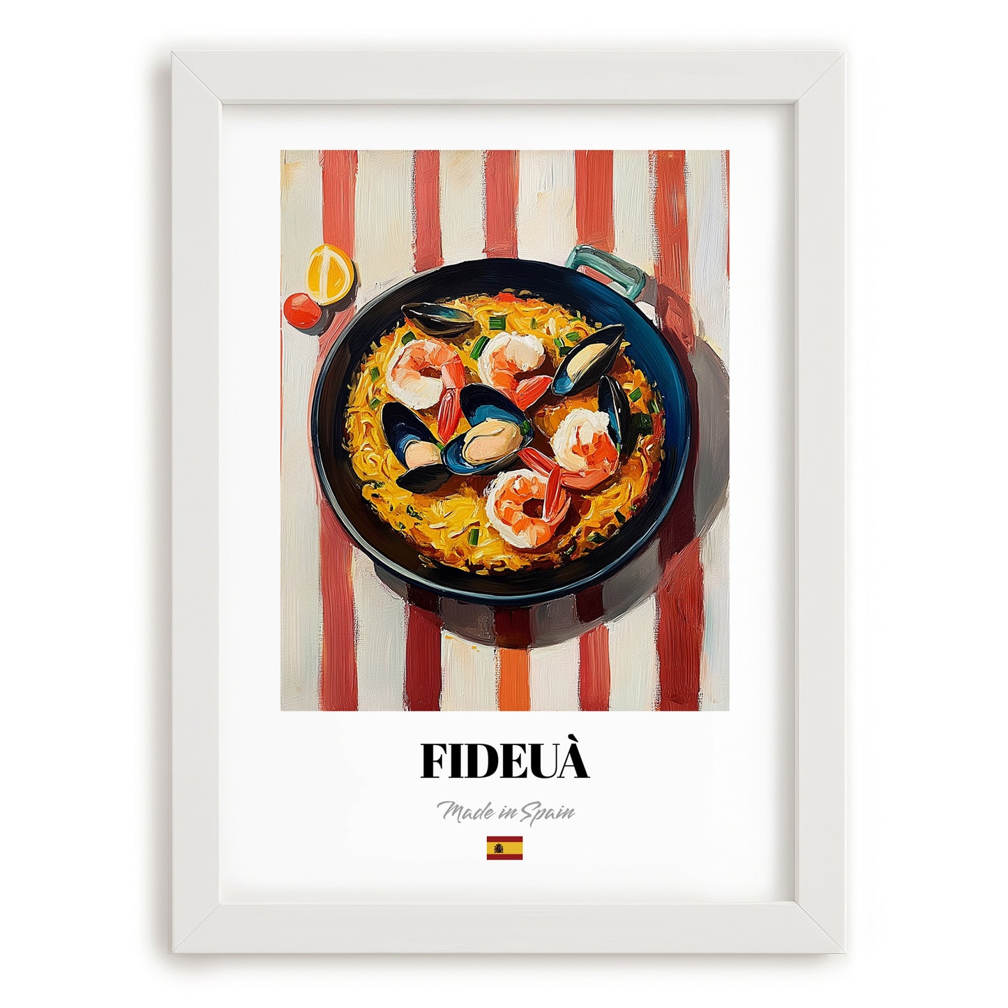 Fideuà – on Striped Tablecloth, Spanish Pasta Wall Print, placed in minimal white frame