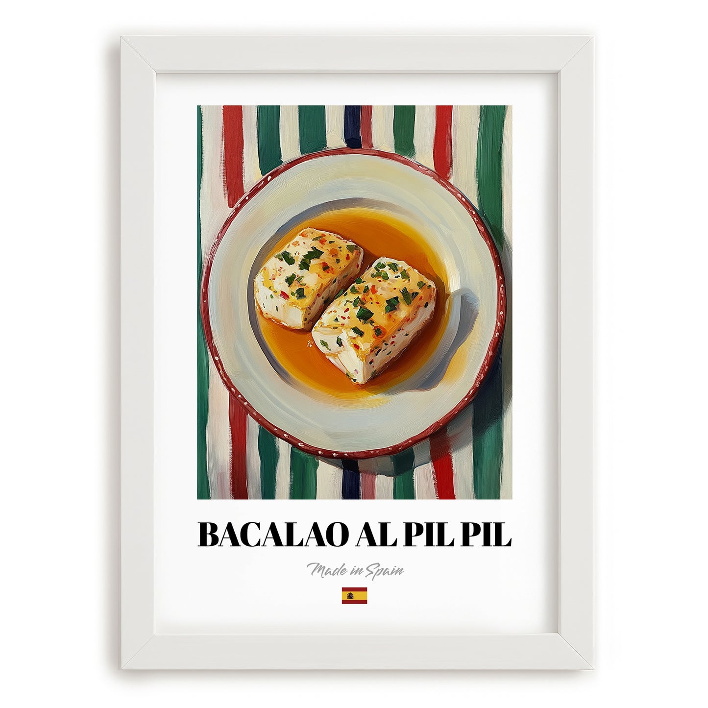 Bacalao al Pil Pil – on Striped Tablecloth, Spanish Food Wall Decor, placed in minimal white frame