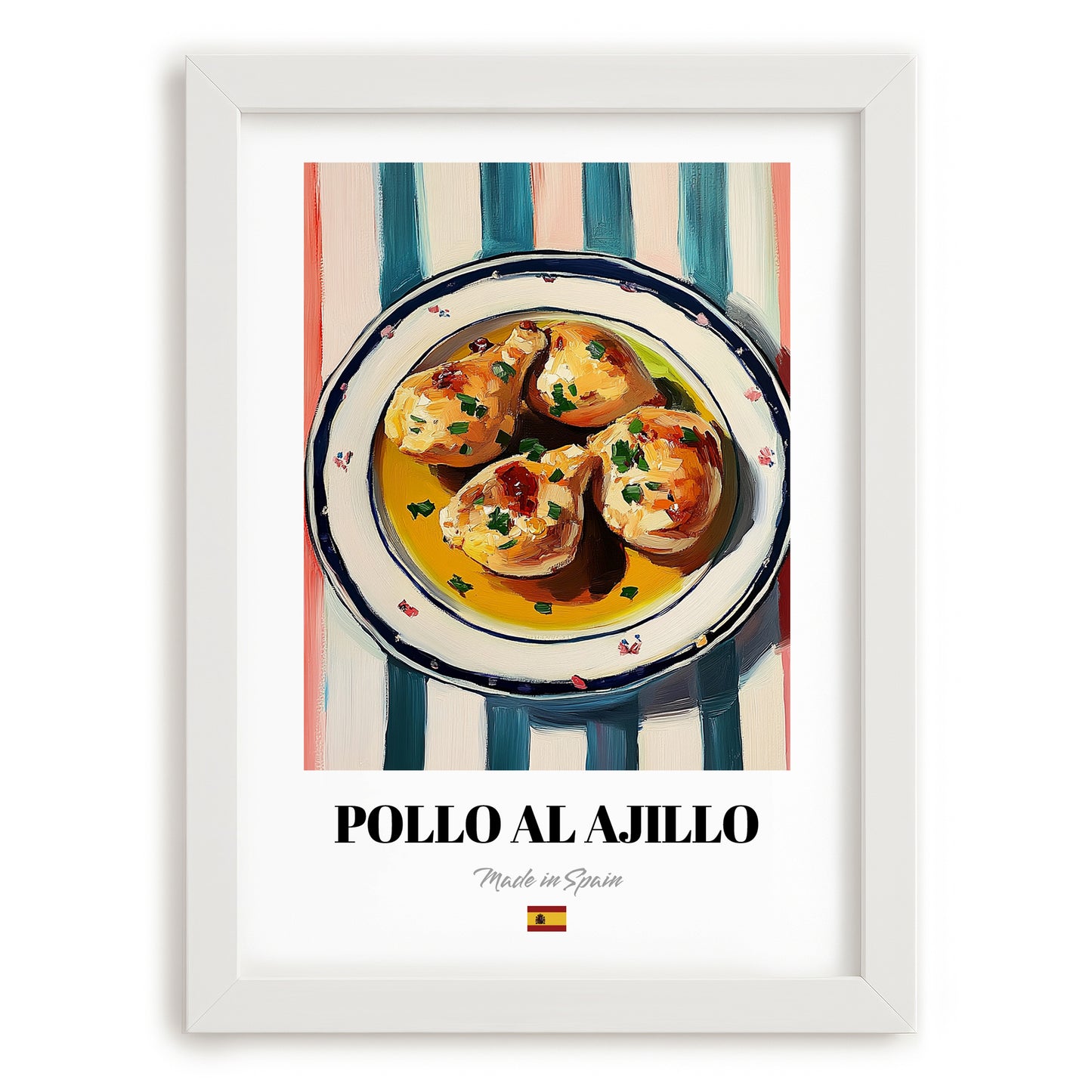 Pollo al Ajillo – on Striped Tablecloth, Spanish Food Wall Art, placed in minimal white frame