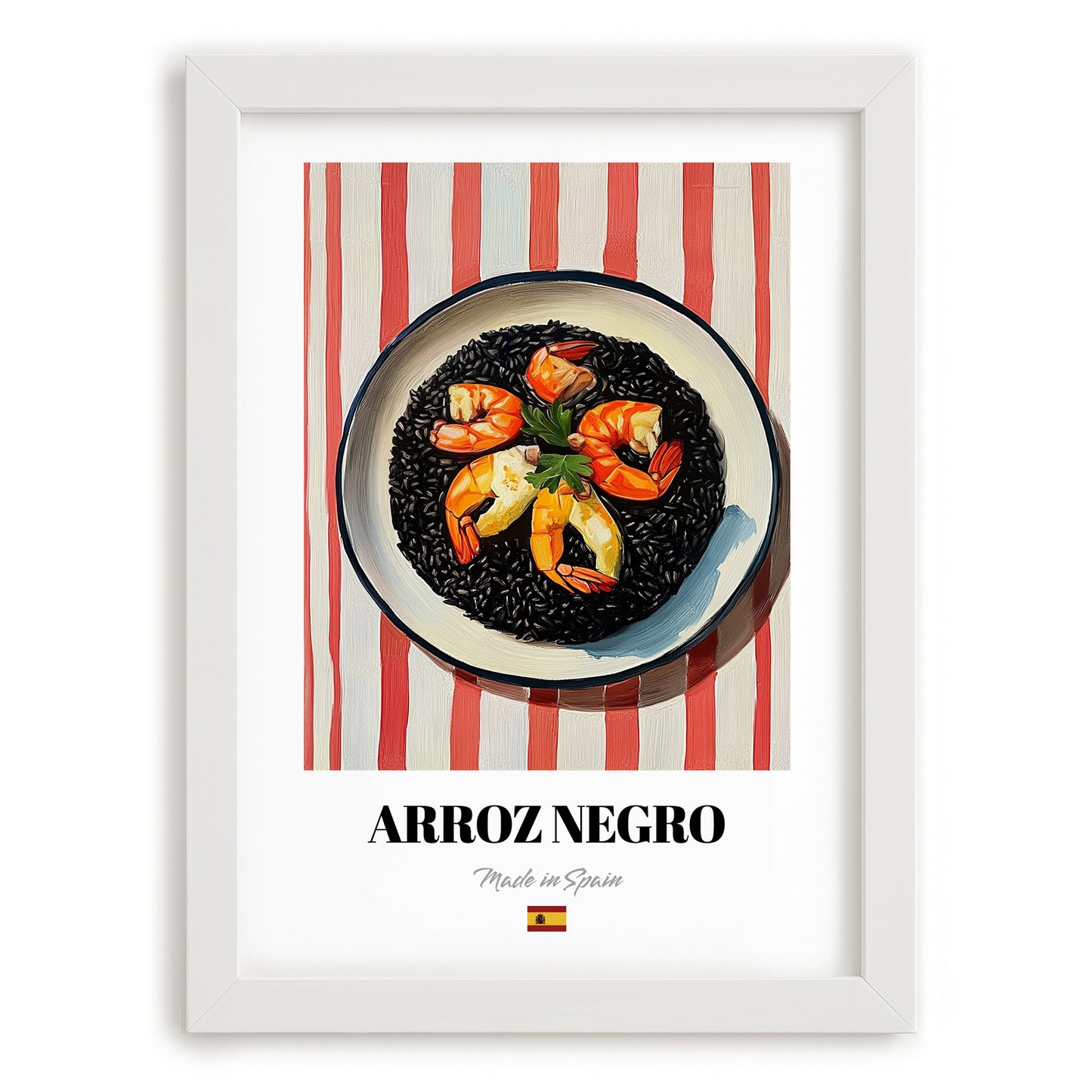 Arroz Negro – on Striped Tablecloth, Spanish Food Print, placed in minimal white frame