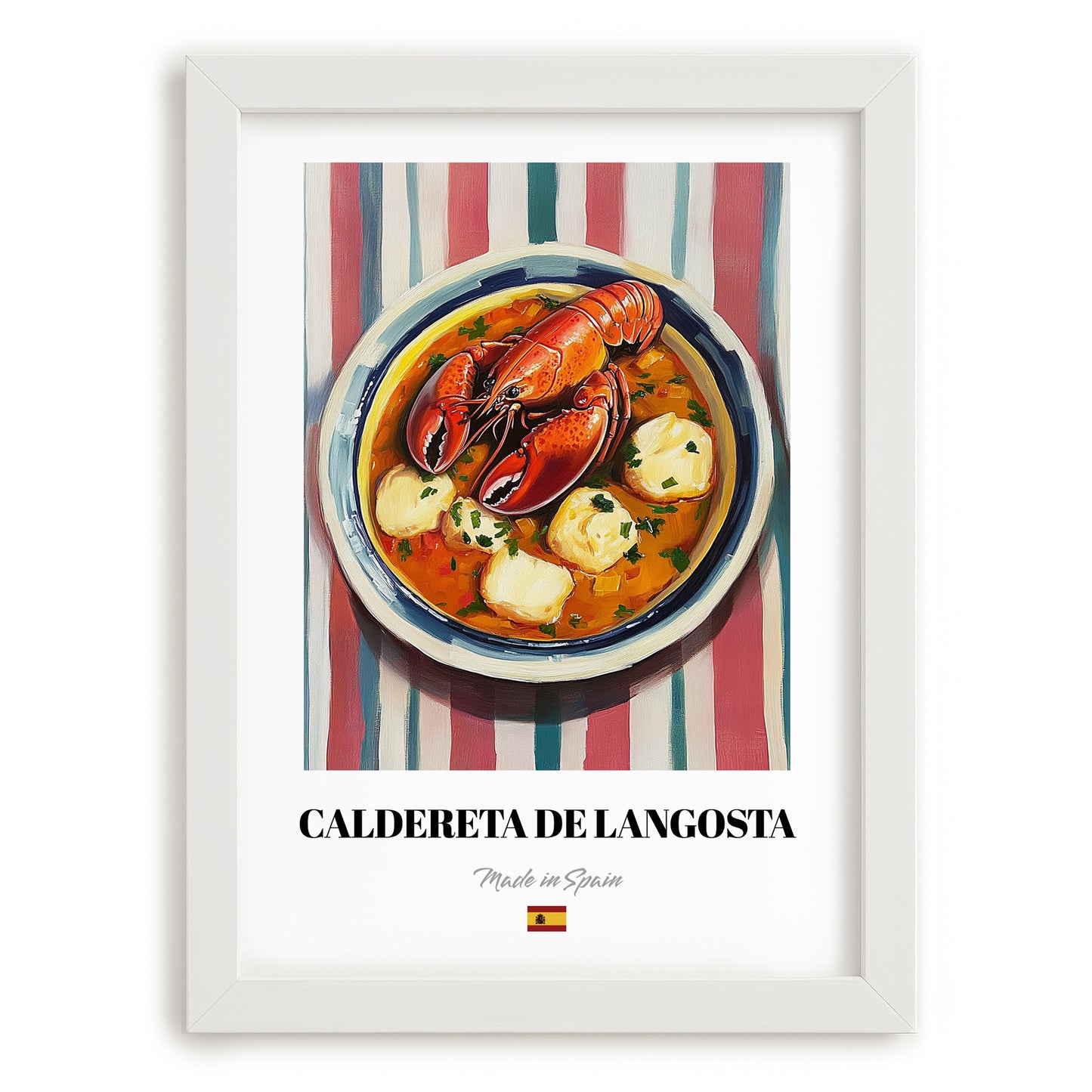 Caldereta de Langosta – on Striped Tablecloth, Spanish Food Painting, placed in minimal white frame