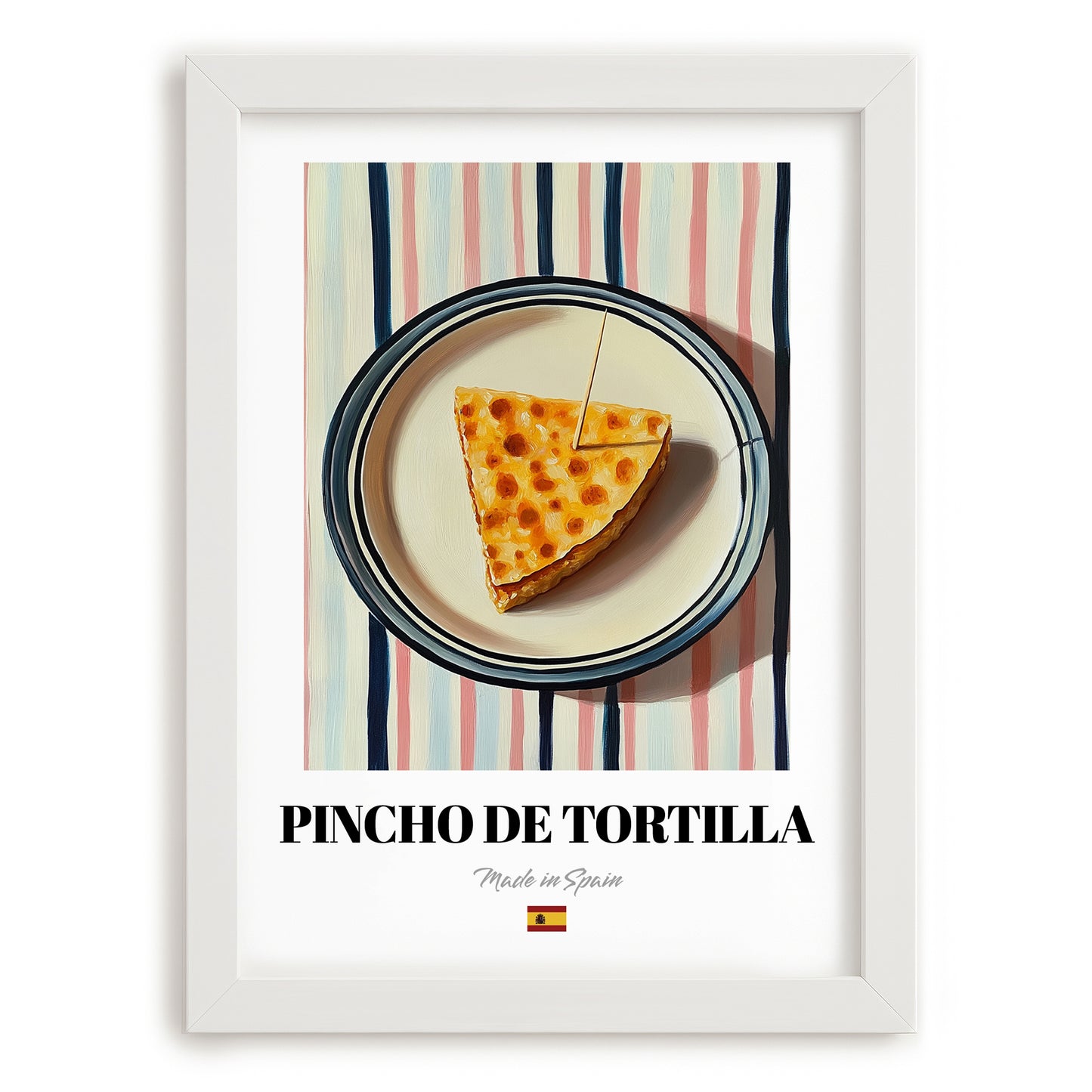 Pincho de Tortilla – on Striped Tablecloth, Spanish Food Painting, placed in minimal white frame