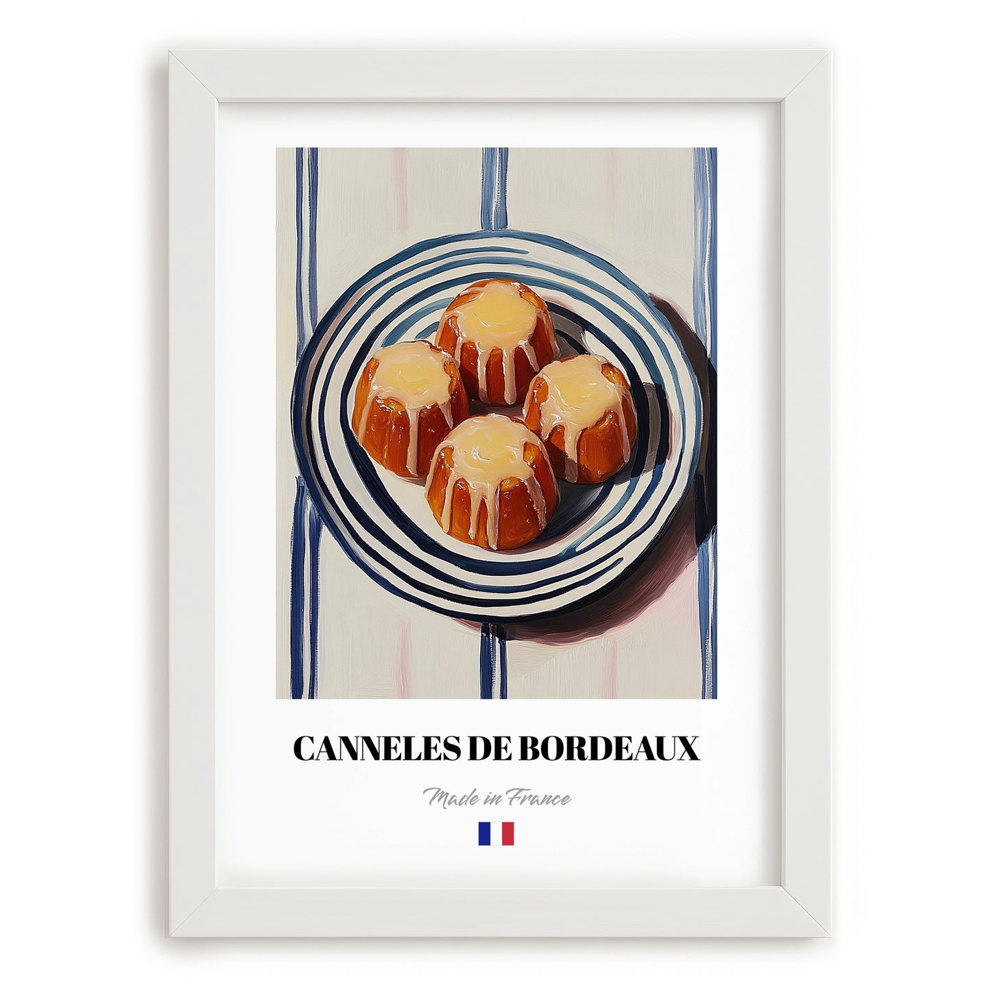 Canelés de Bordeaux – on Striped Tablecloth, French French Pastry Still Life, placed in minimal white frame