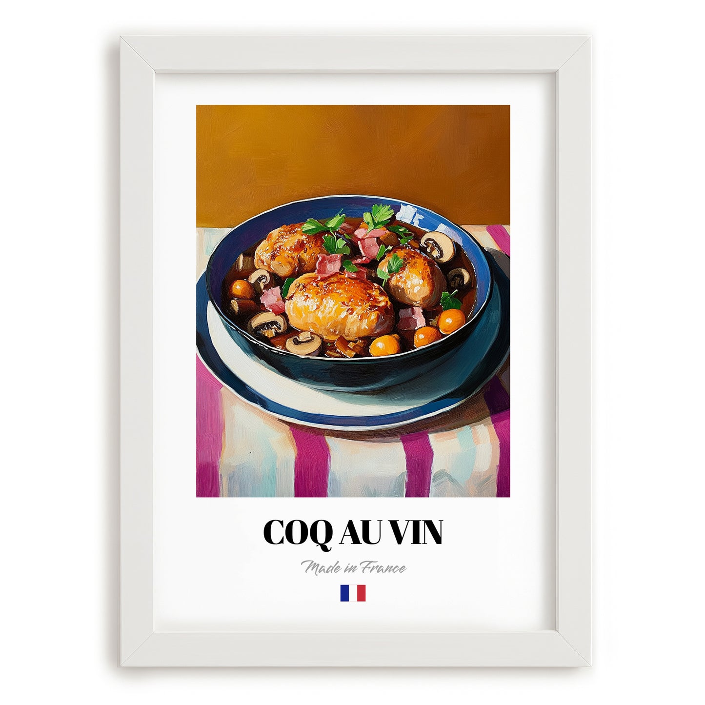 Coq au Vin – Art, French Food Wall Decor, placed in minimal white frame