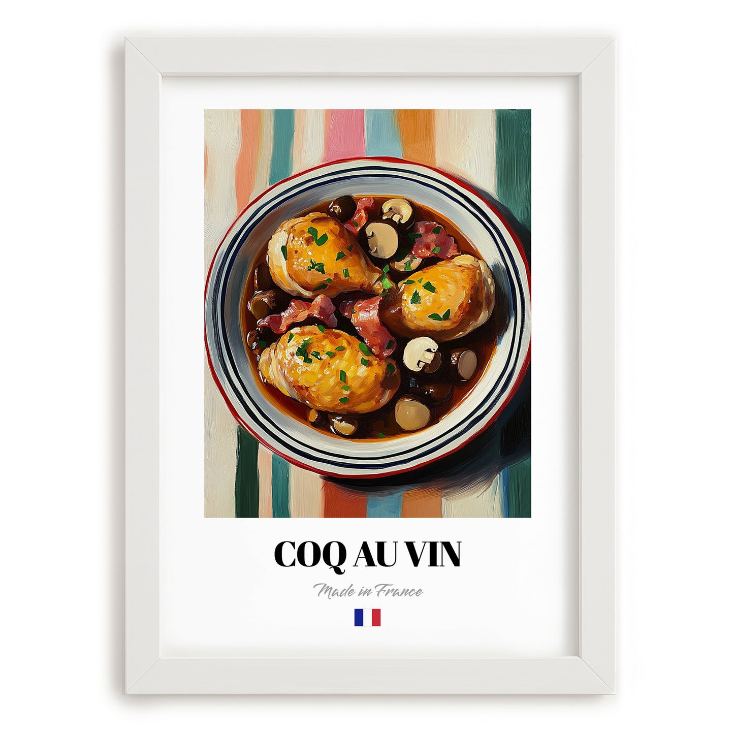 Coq au Vin – on Striped Tablecloth, French Food Poster, placed in minimal white frame