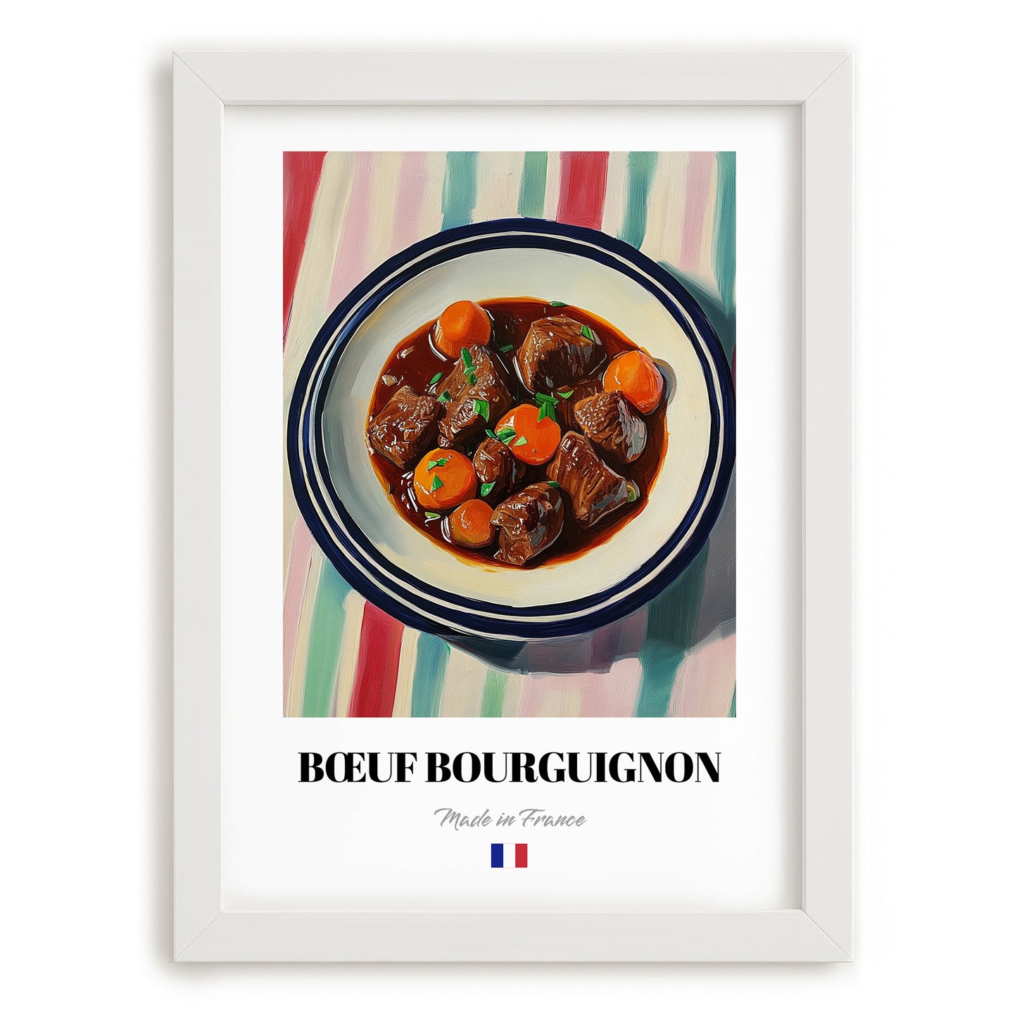 Bœuf Bourguignon – on Striped Tablecloth, French Food Wall Decor, placed in minimal white frame