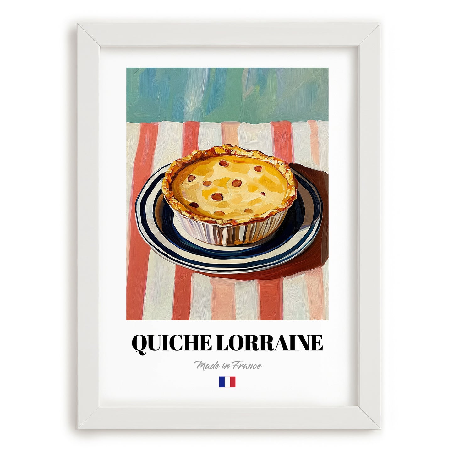Quiche Lorraine – on Striped Tablecloth, French Pastry Painting, placed in minimal white frame