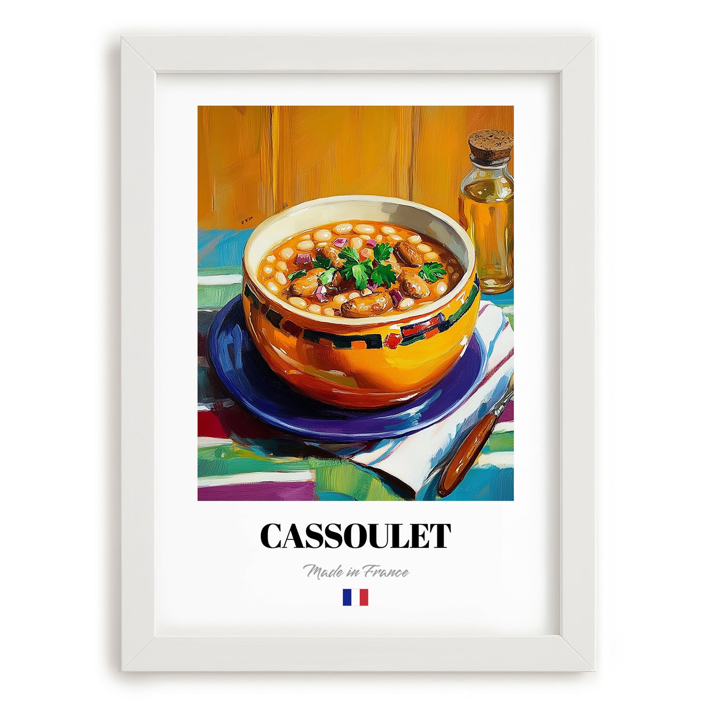 Cassoulet – Oil Painting, French Food Still Life, placed in minimal white frame