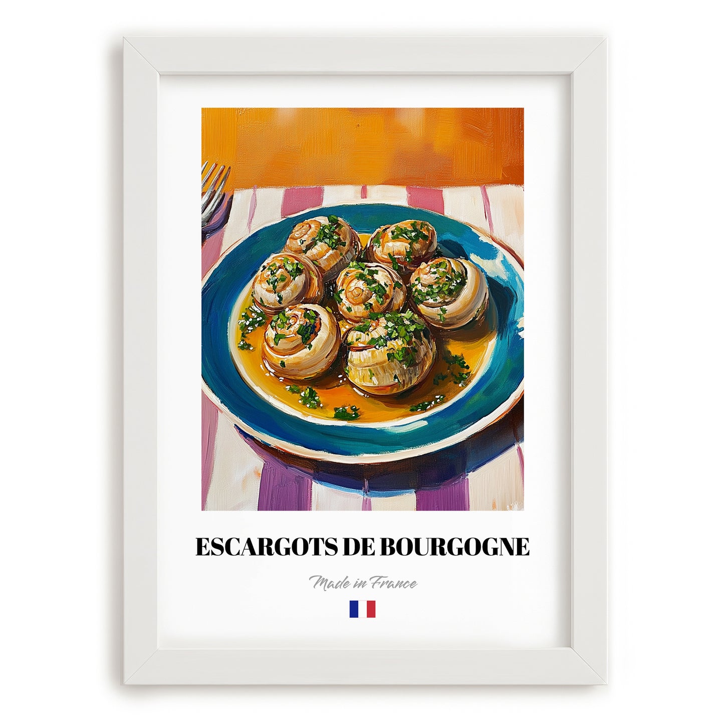Escargots de Bourgogne – Colorful Oil Painting, French Food Painting, placed in minimal white frame