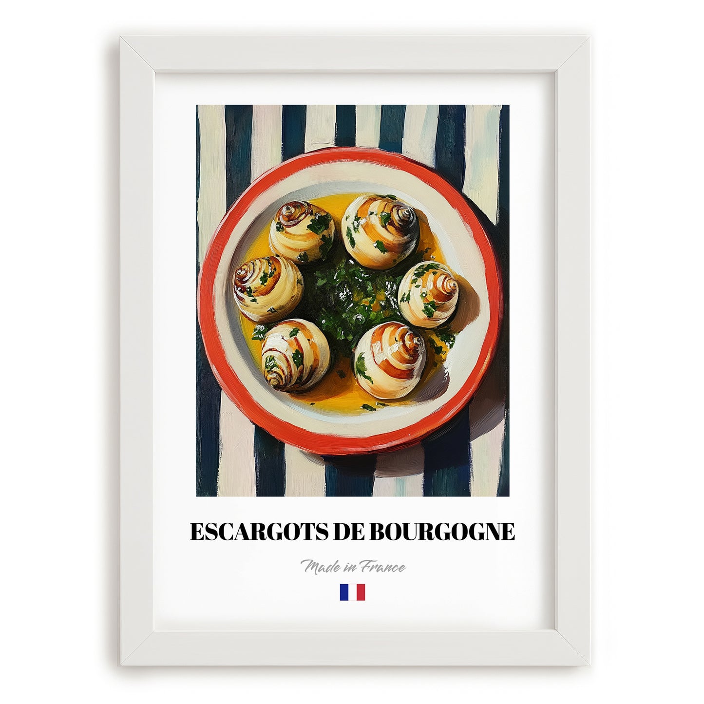 Escargots de Bourgogne – on Striped Tablecloth, French Food Wall Decor, placed in minimal white frame