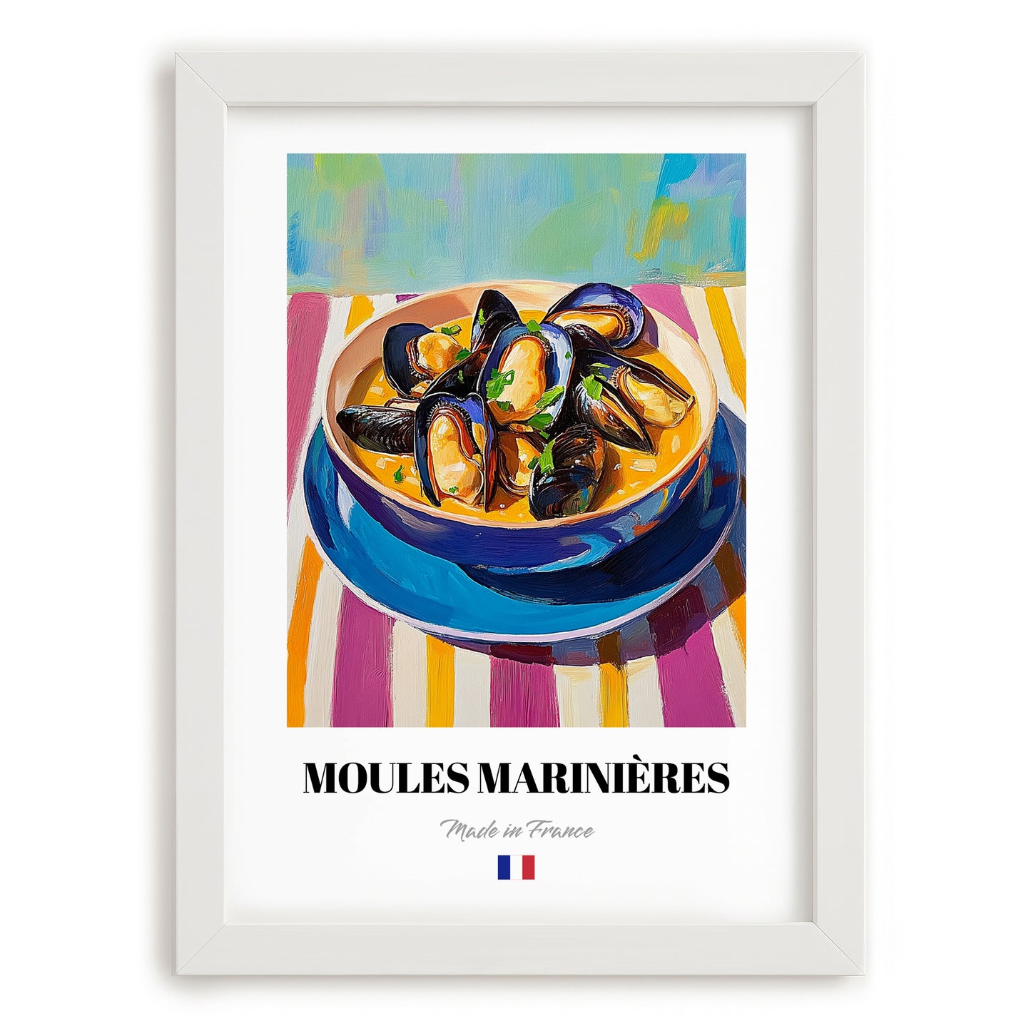 Moules Marinières – Colorful Oil Painting, French Food Wall Decor, placed in minimal white frame